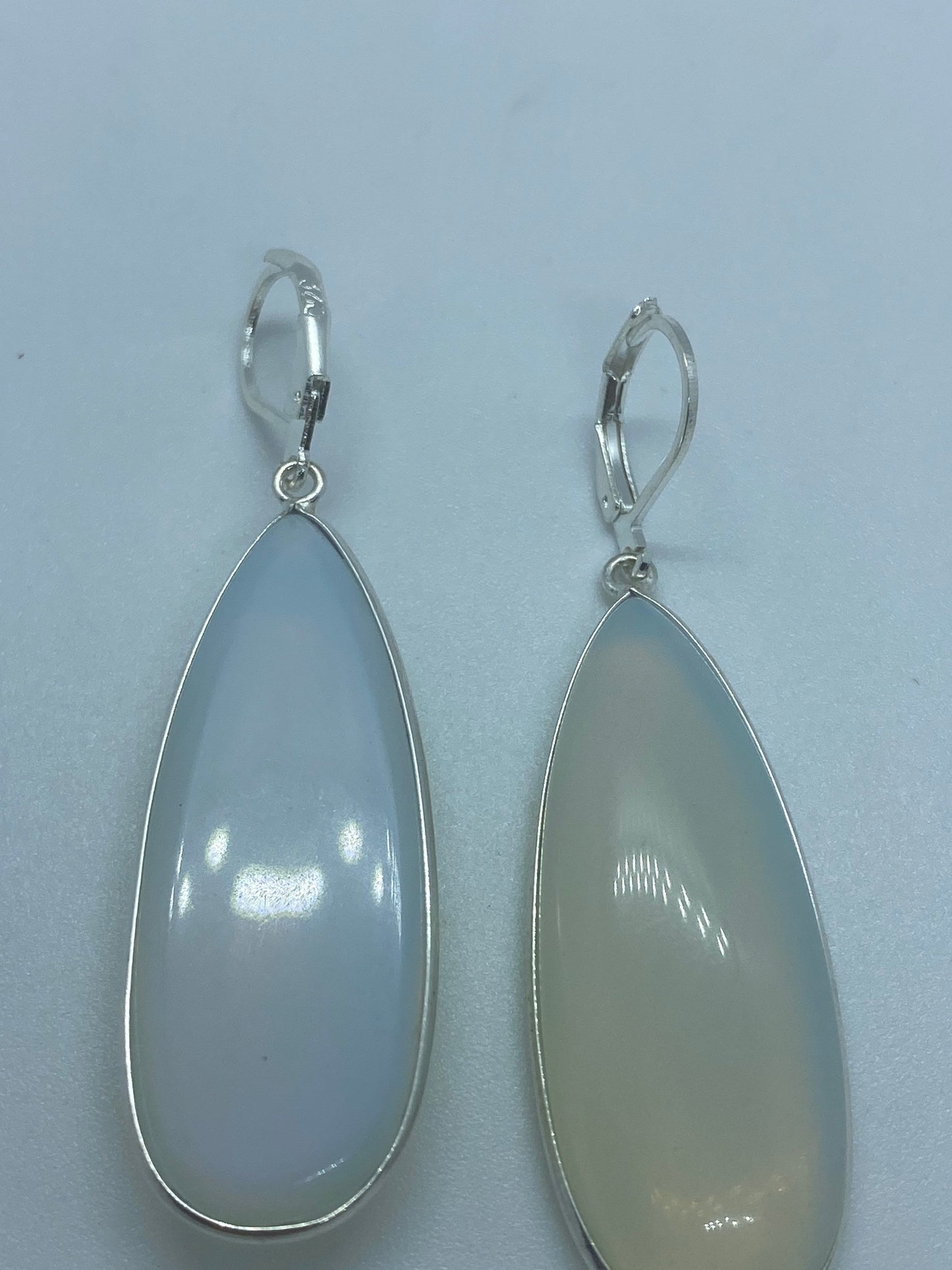 Antique Vintage Blue White Opal Glass Silver Dangle Earrings