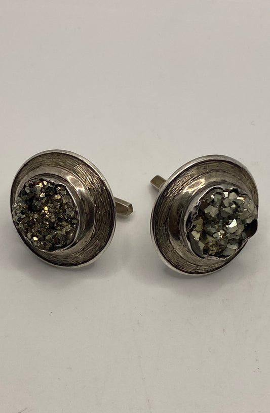 Vintage Pyrite Druzy Cuff Links 925 Sterling Silver