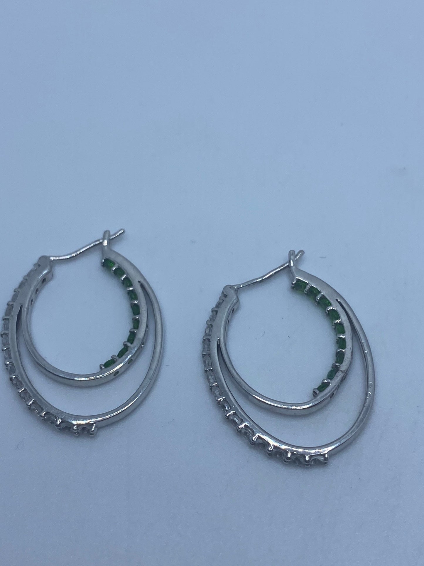 Vintage Handmade 925 Sterling Silver Chrome Diopside Hoop Earrings