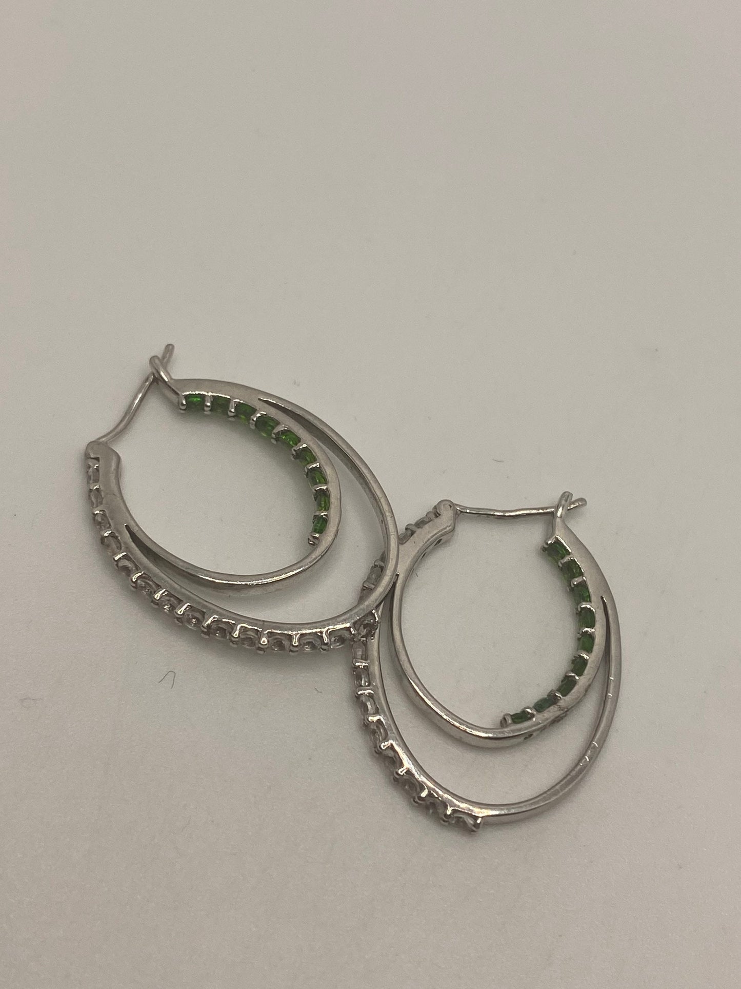 Vintage Handmade 925 Sterling Silver Chrome Diopside Hoop Earrings