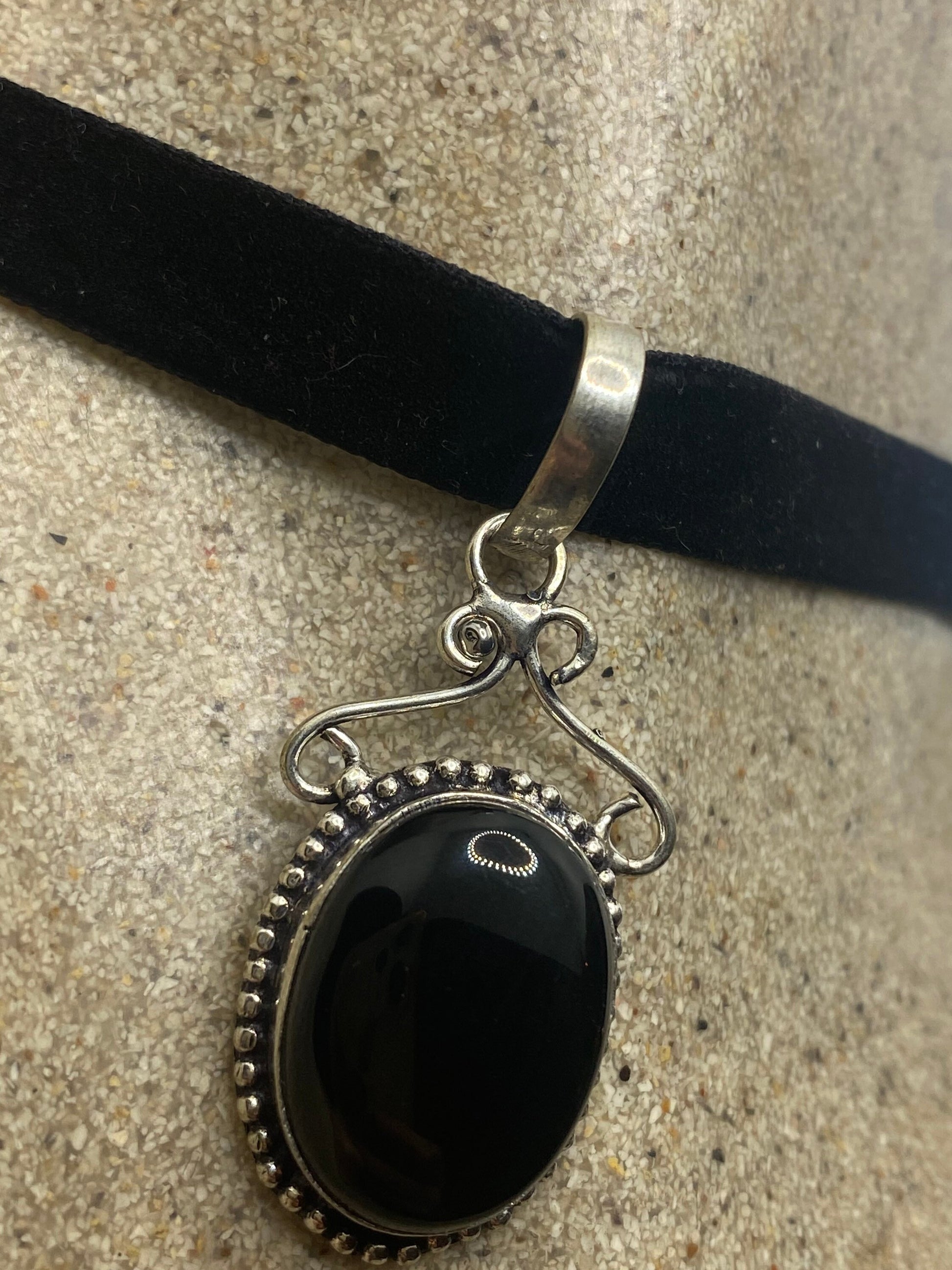 Vintage Silver Genuine Black Onyx Dangle Pendant Necklace