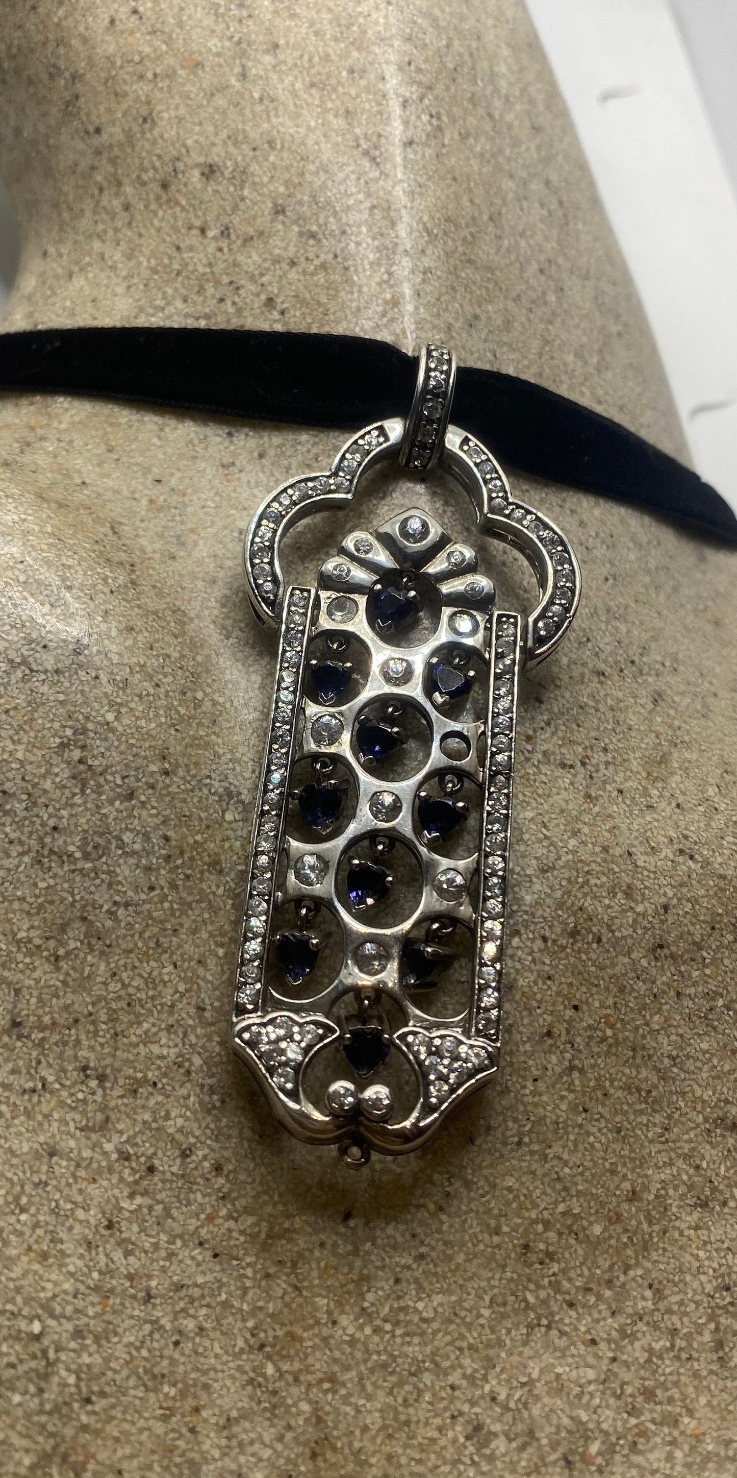 Vintage Deco Choker 925 Sterling Silver Blue and White Sapphire Pendant Necklace