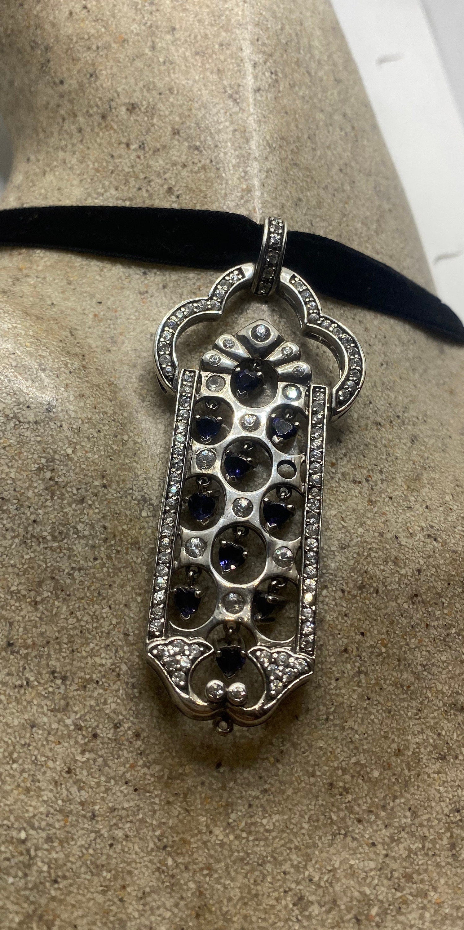 Vintage Deco Choker 925 Sterling Silver Blue and White Sapphire Pendant Necklace