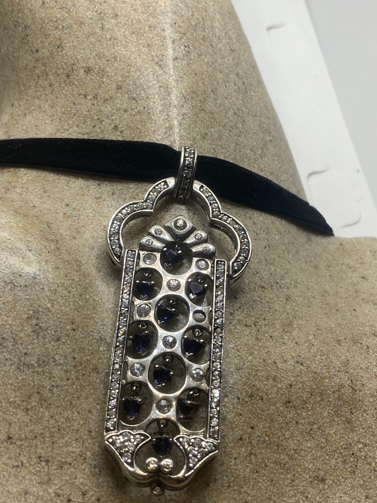 Vintage Deco Choker 925 Sterling Silver Blue and White Sapphire Pendant Necklace