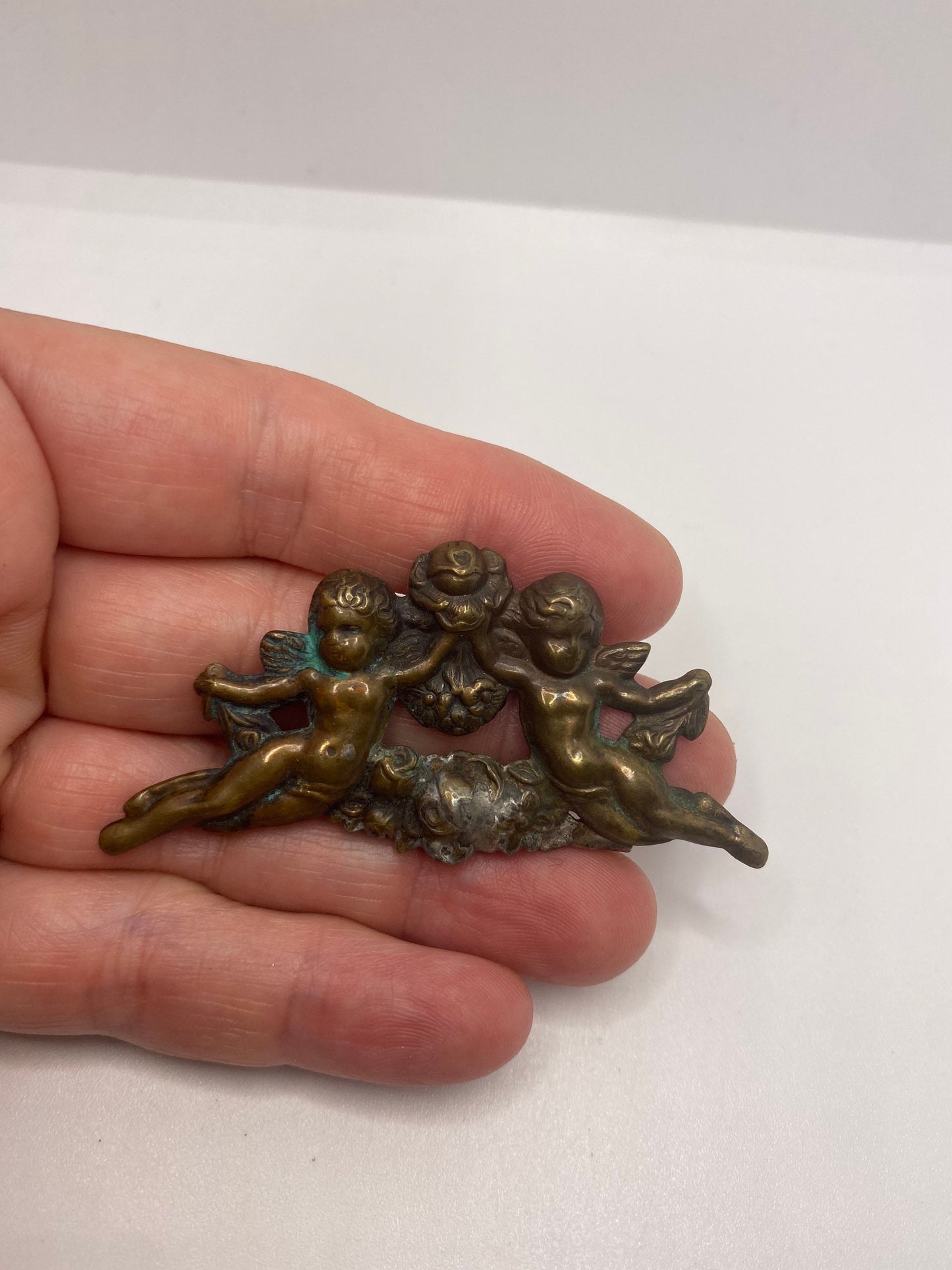 Vintage Deco Bronze Angel Flower Brooch Pin