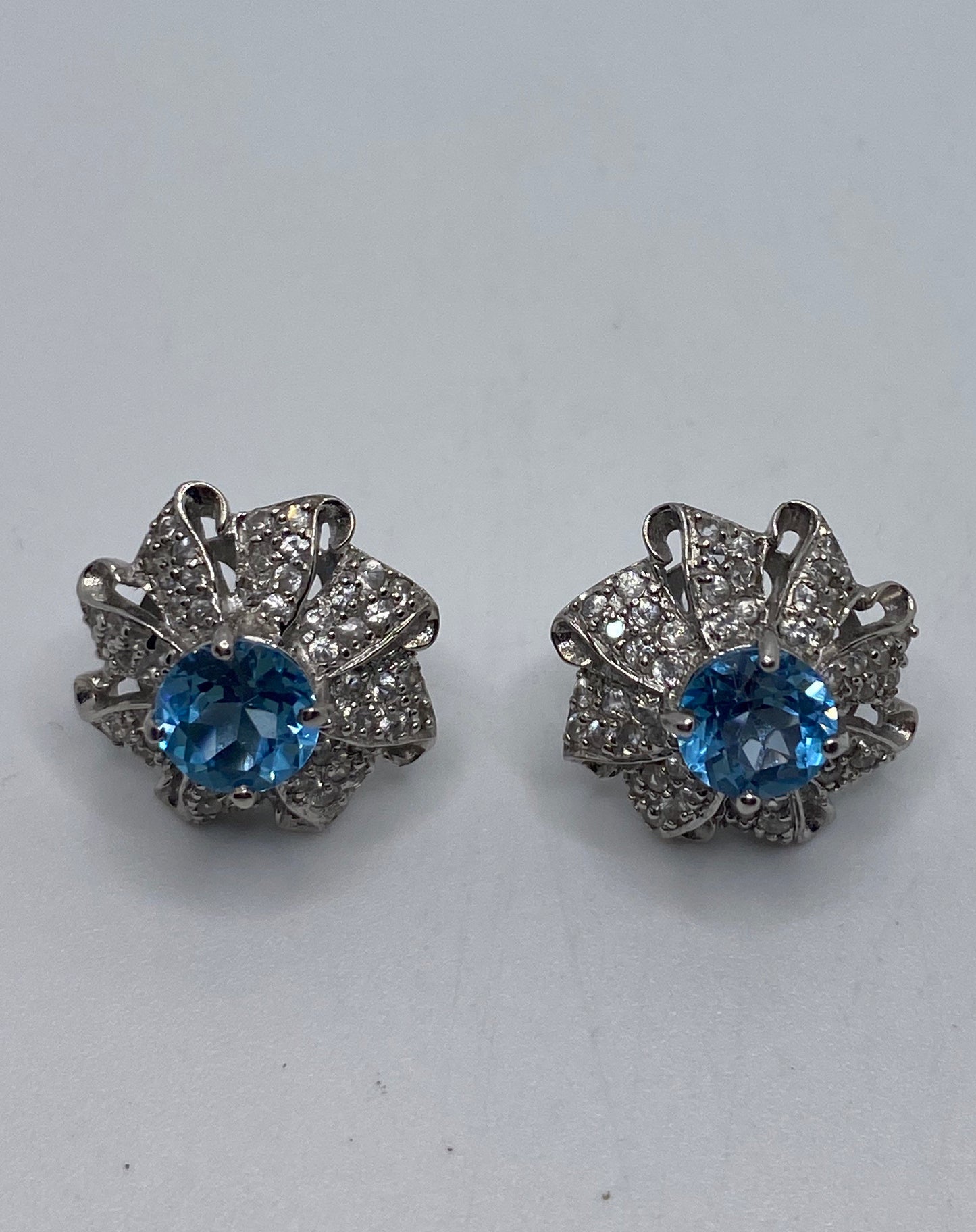 Vintage Blue Topaz Studs 925 Sterling Silver Earrings