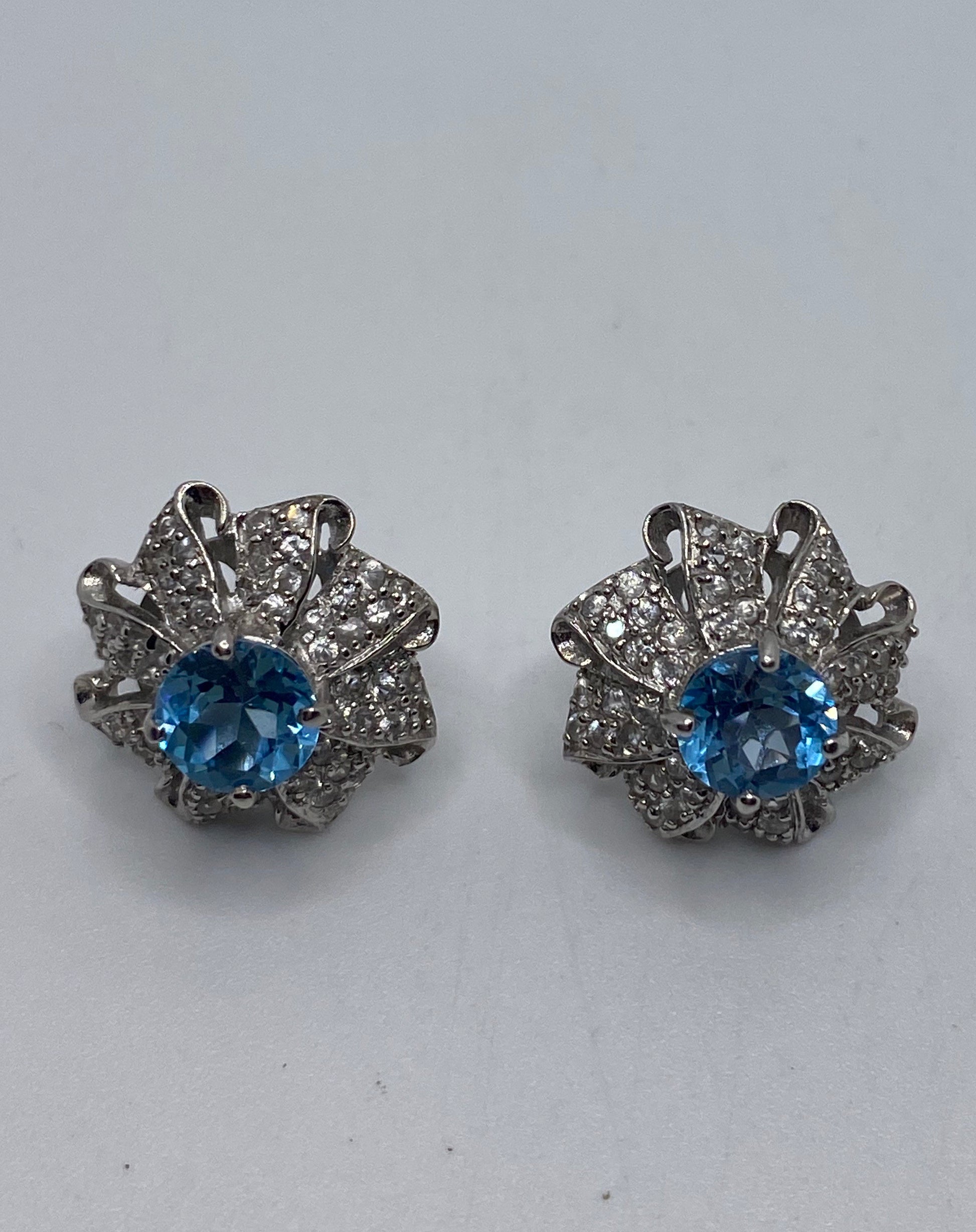 Vintage Blue Topaz Studs 925 Sterling Silver Earrings