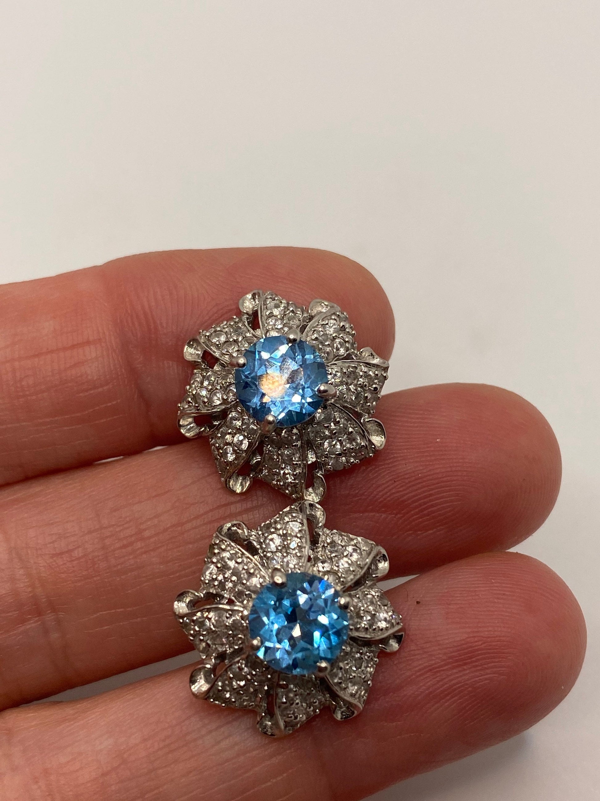 Vintage Blue Topaz Studs 925 Sterling Silver Earrings