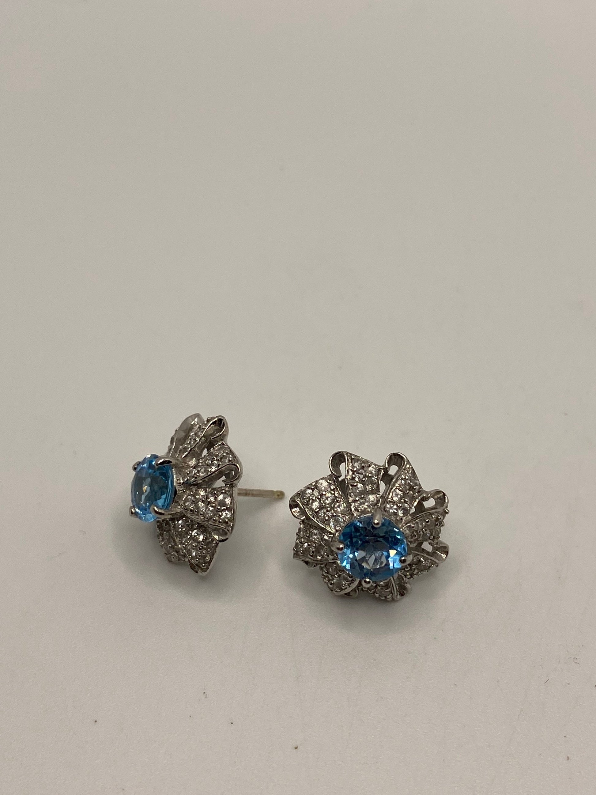 Vintage Blue Topaz Studs 925 Sterling Silver Earrings