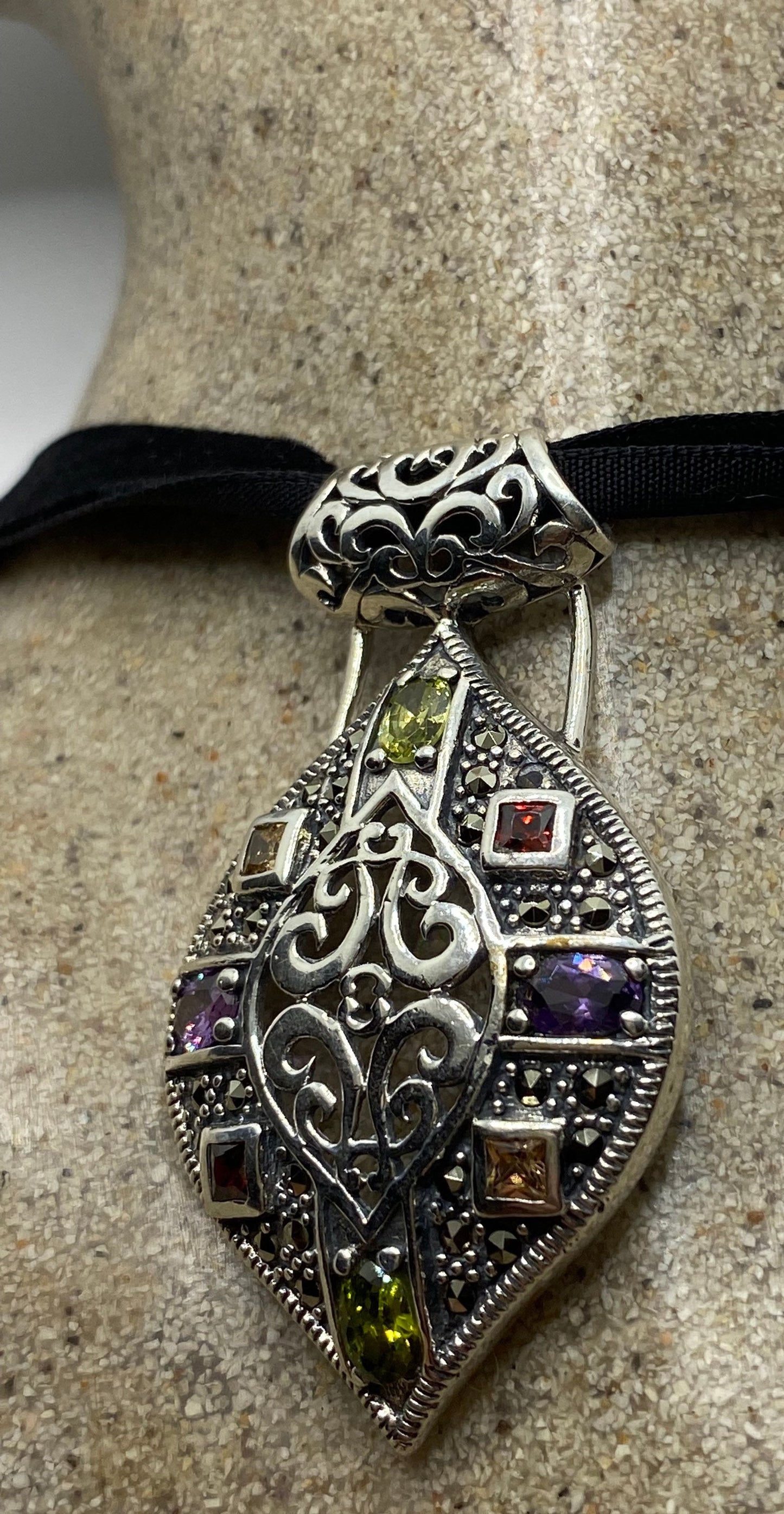 Vintage Marcasite Choker 925 Sterling Silver Dangle Pendant Necklace