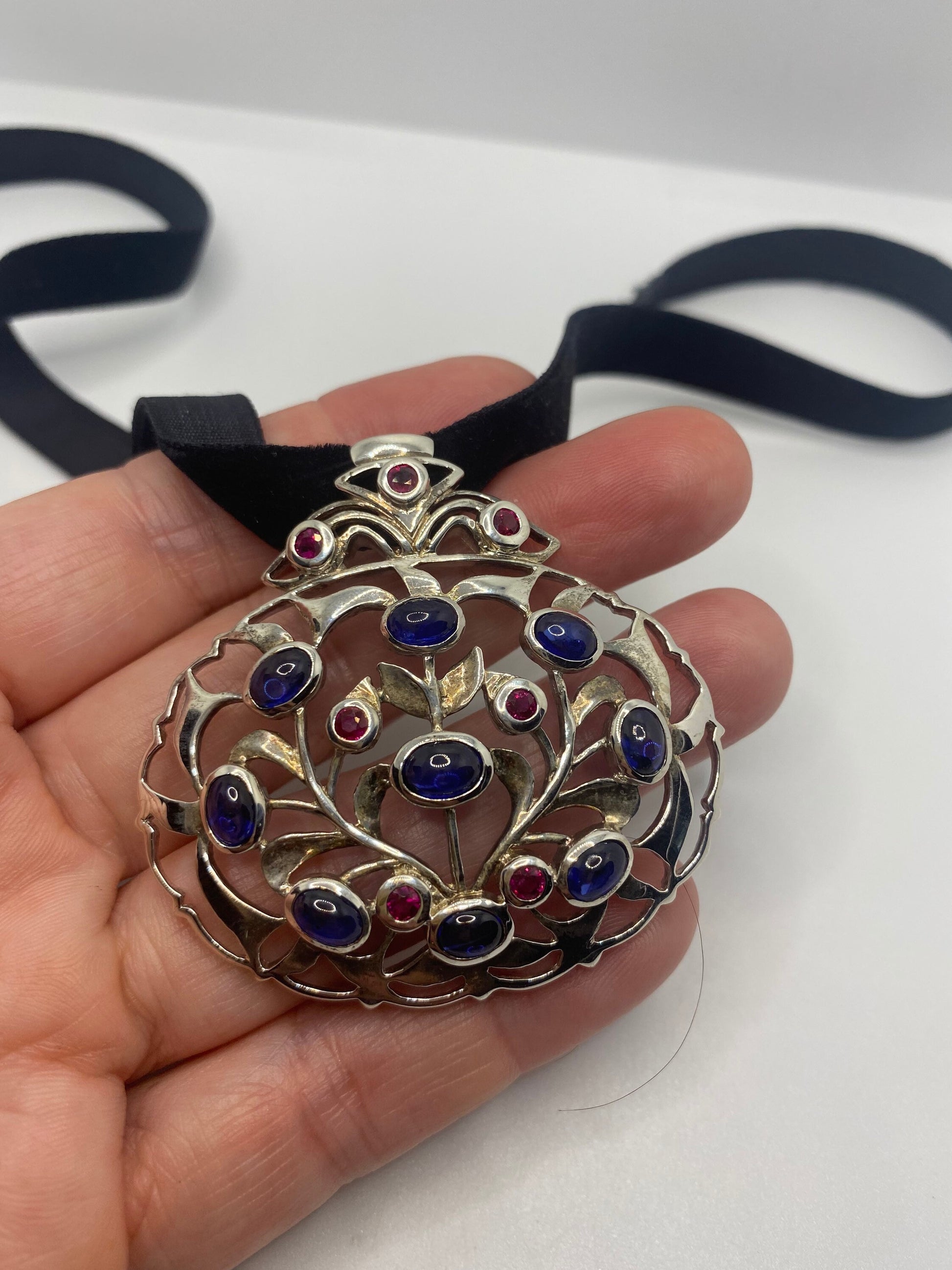 Vintage Blue Sapphire Ruby Choker 925 Sterling Silver Pendant