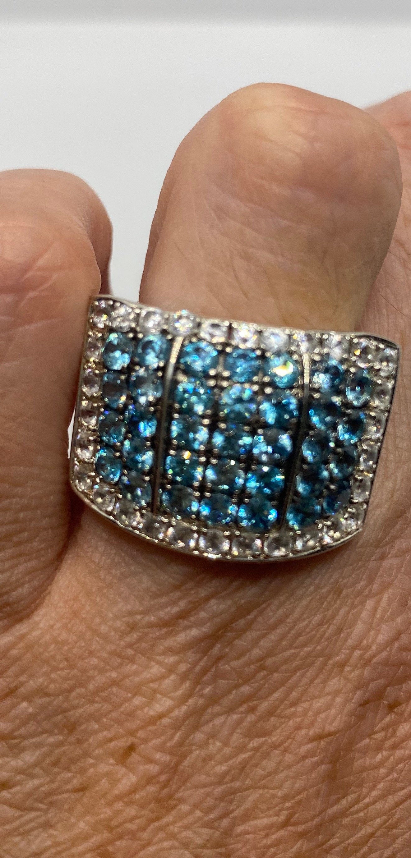 Vintage genuine blue topaz white sapphire 925 sterling silver Ring