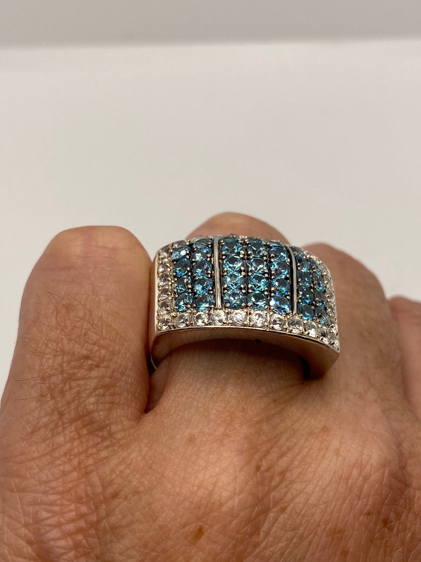 Vintage genuine blue topaz white sapphire 925 sterling silver Ring