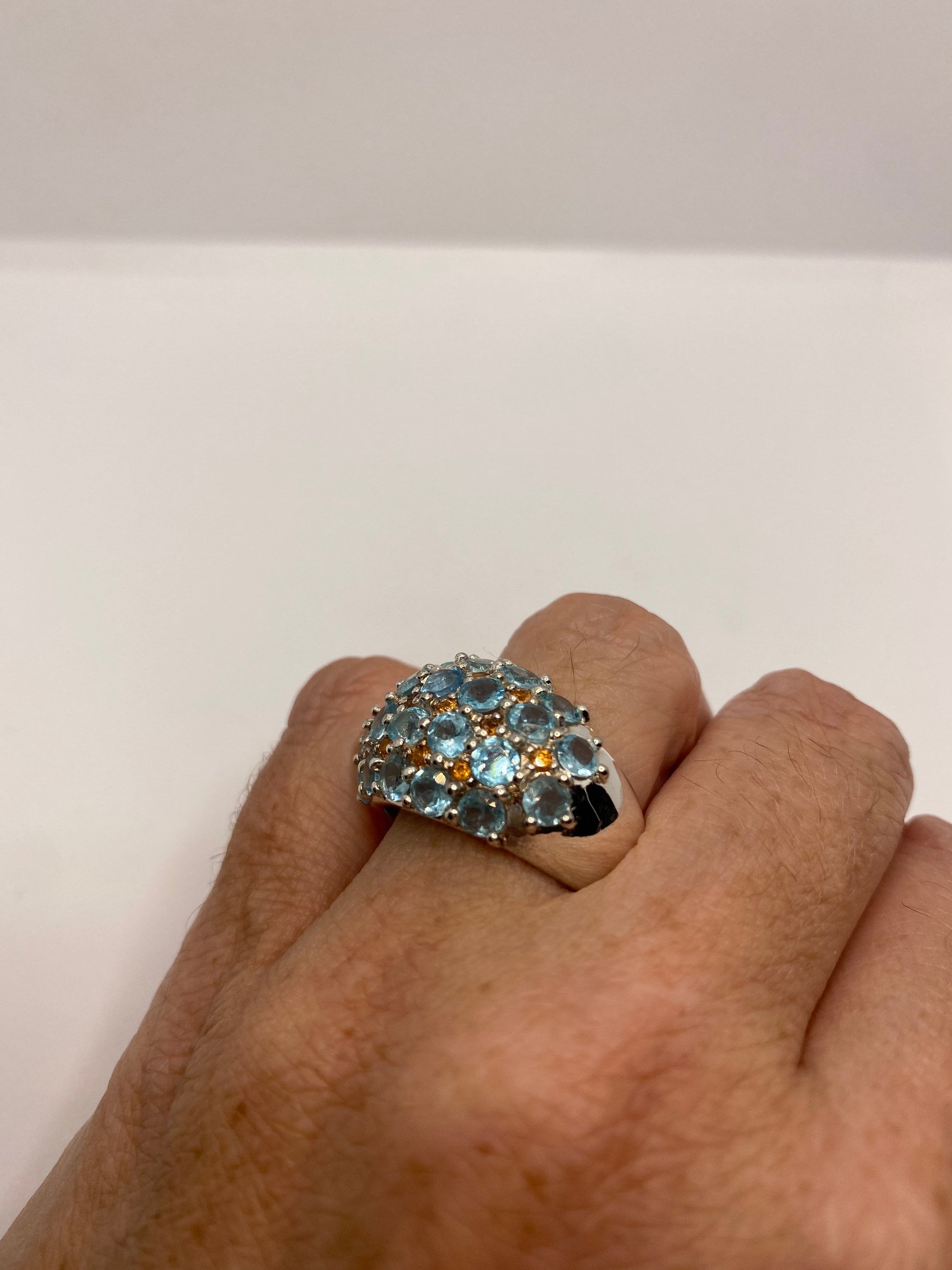 Vintage genuine blue topaz white sapphire 925 sterling silver Ring