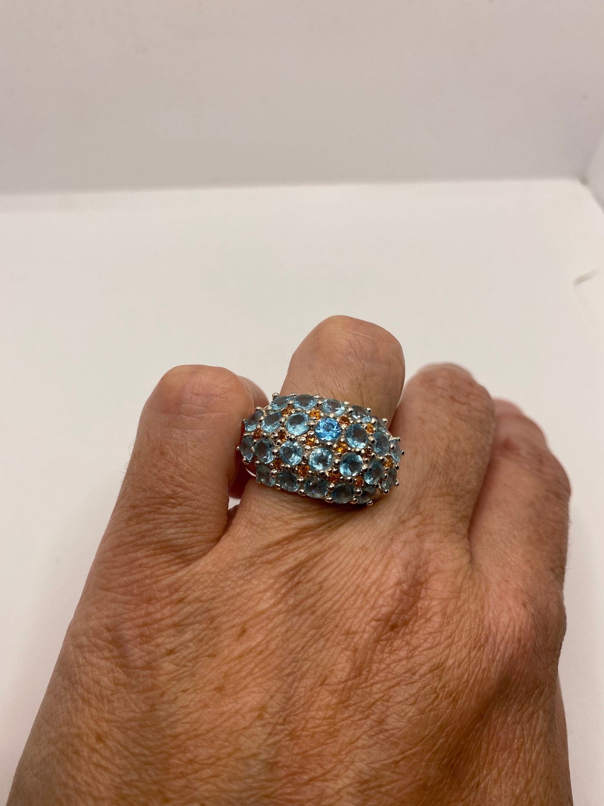 Vintage genuine blue topaz white sapphire 925 sterling silver Ring