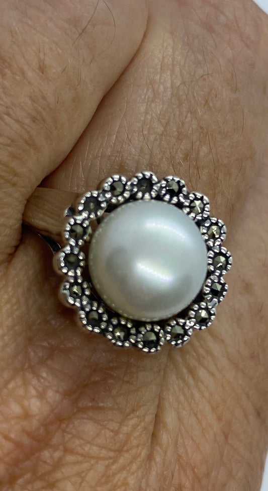 Vintage Genuine Pearl Marcasite 925 Sterling Silver Ring