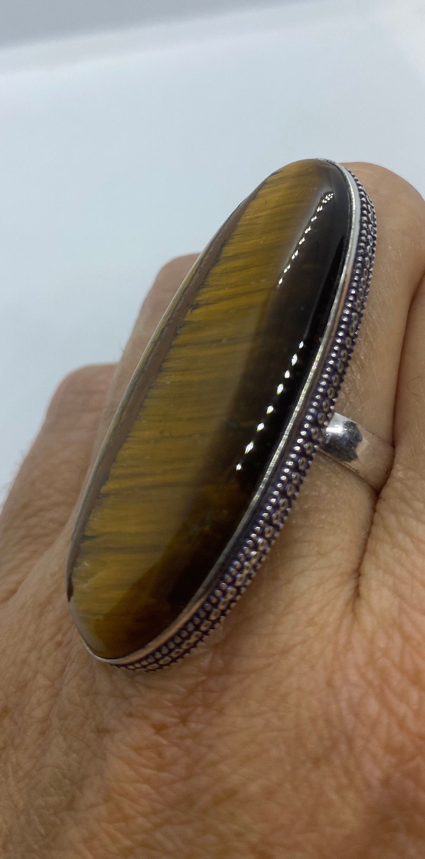 Vintage Tigers Eye Silver Cocktail Ring Size 8
