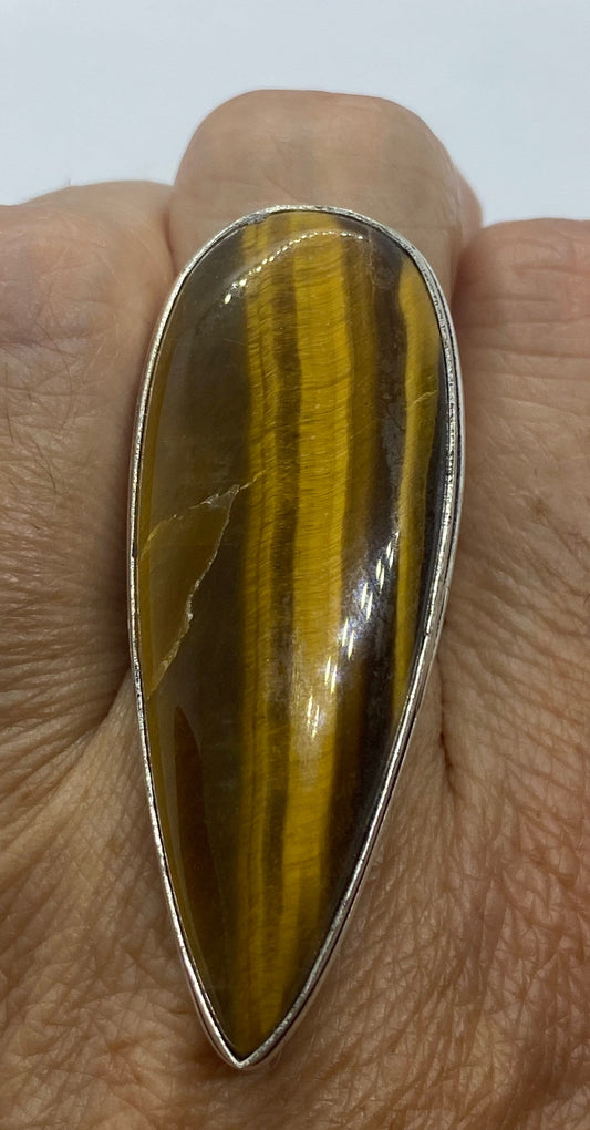 Vintage Tigers Eye Silver Cocktail Ring Size 7