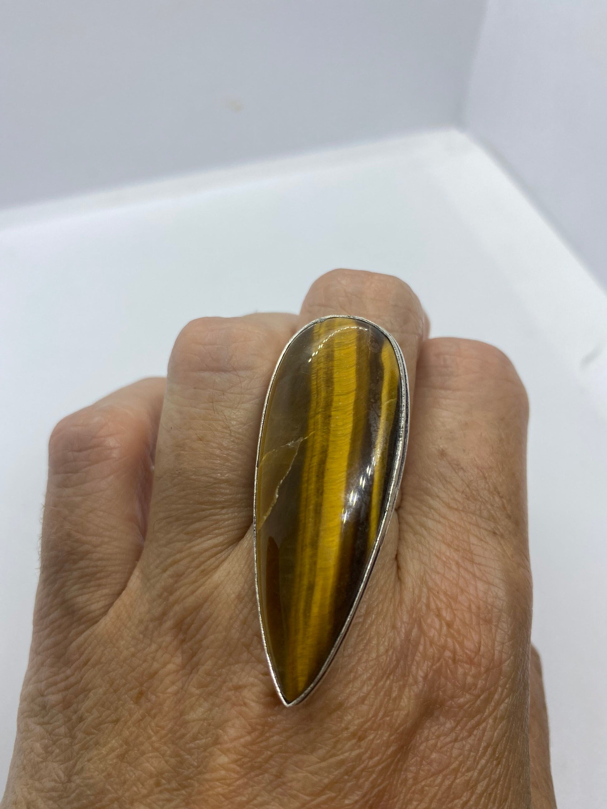 Vintage Tigers Eye Silver Cocktail Ring Size 7