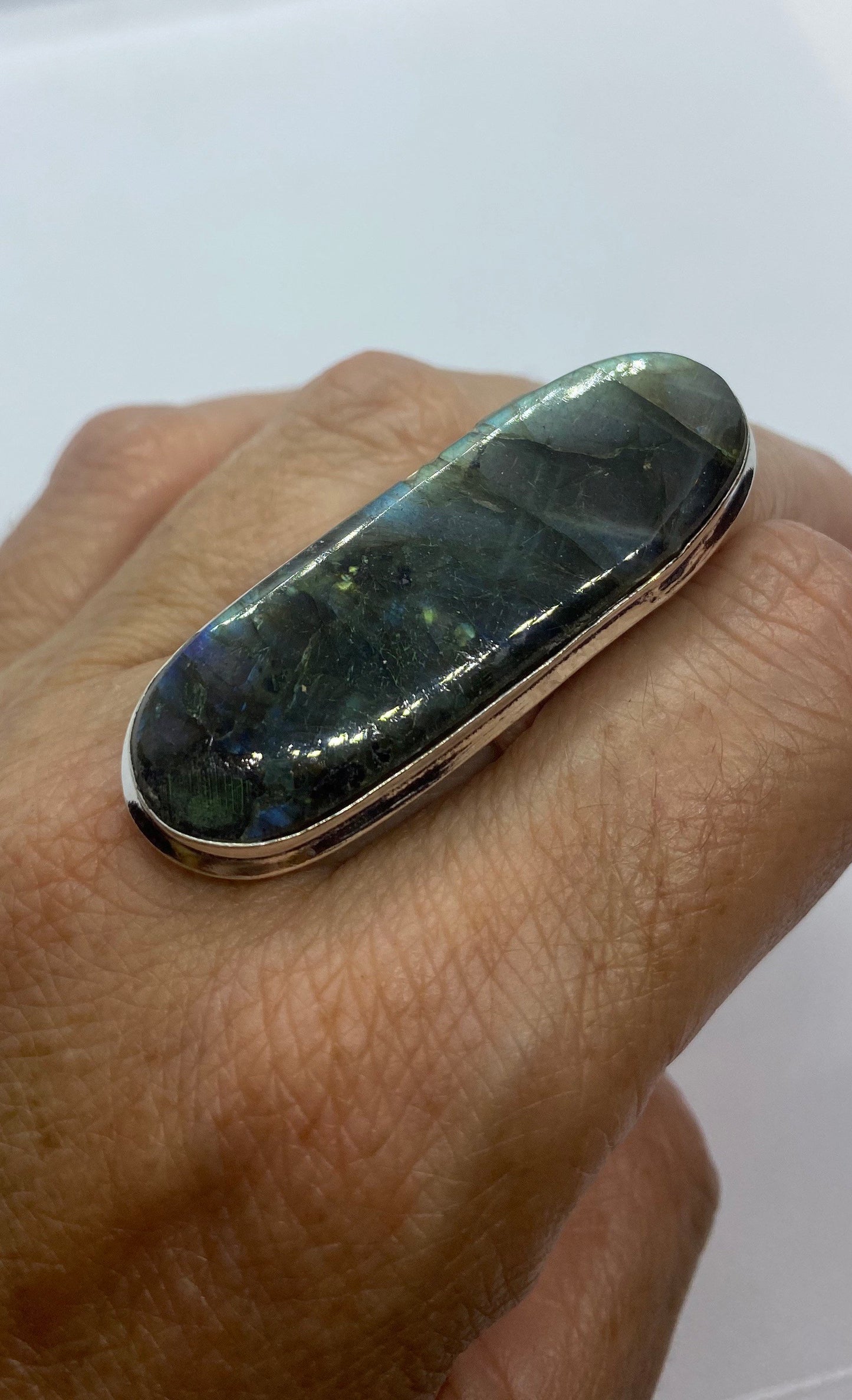 Vintage Large Blue Green Labradorite Stone Silver Ring