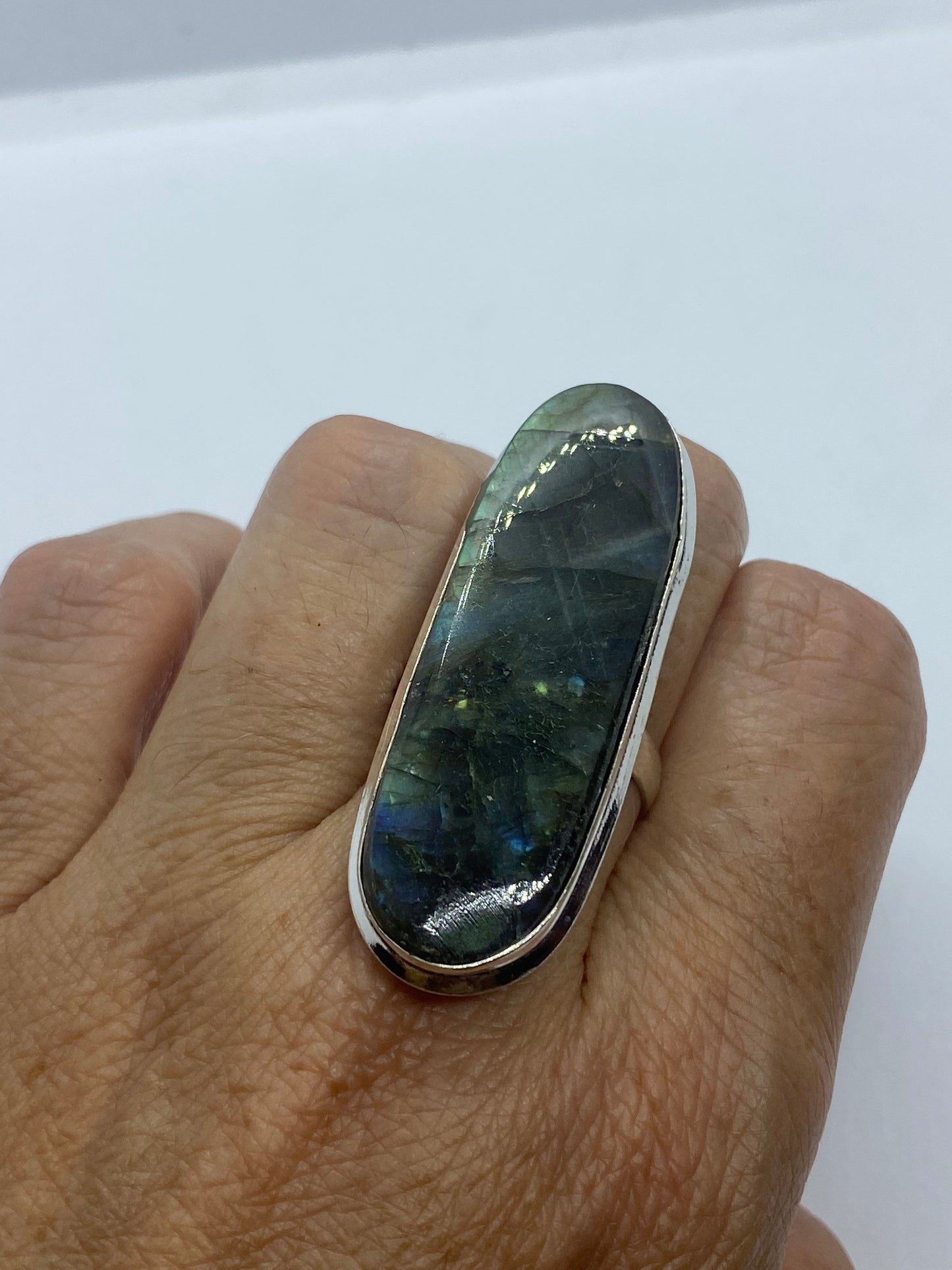 Vintage Large Blue Green Labradorite Stone Silver Ring