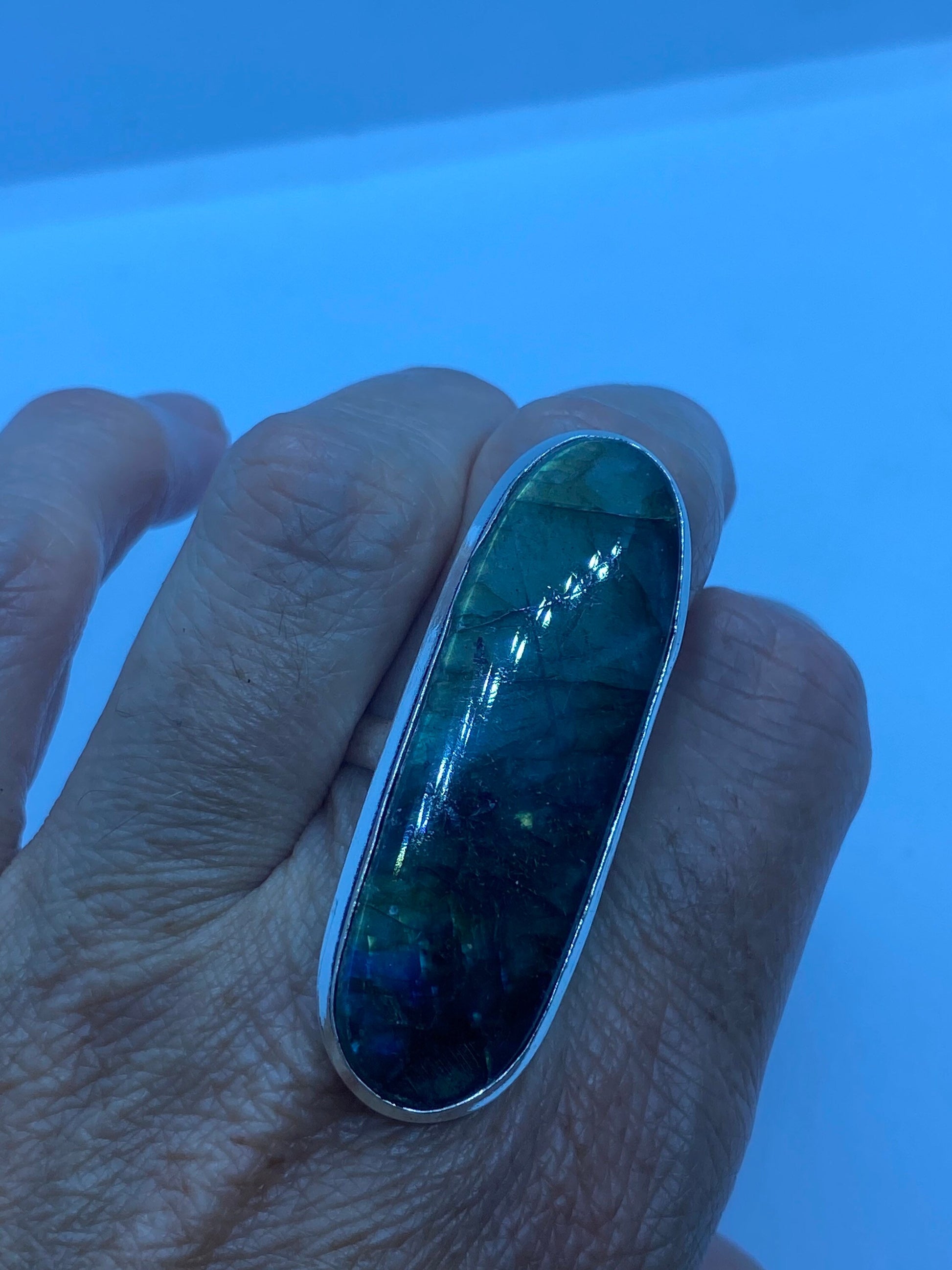 Vintage Large Blue Green Labradorite Stone Silver Ring