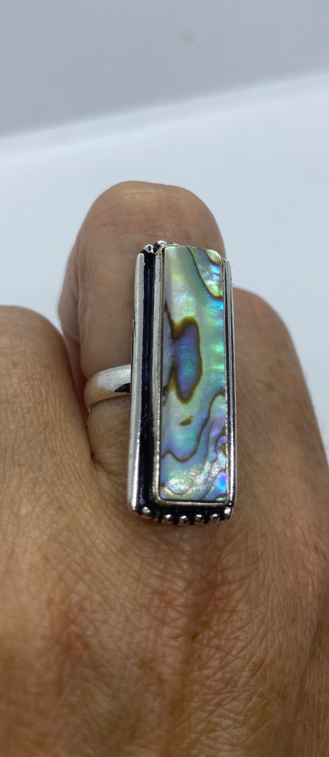 Antique Green Abalone White Bronze Silver Ring