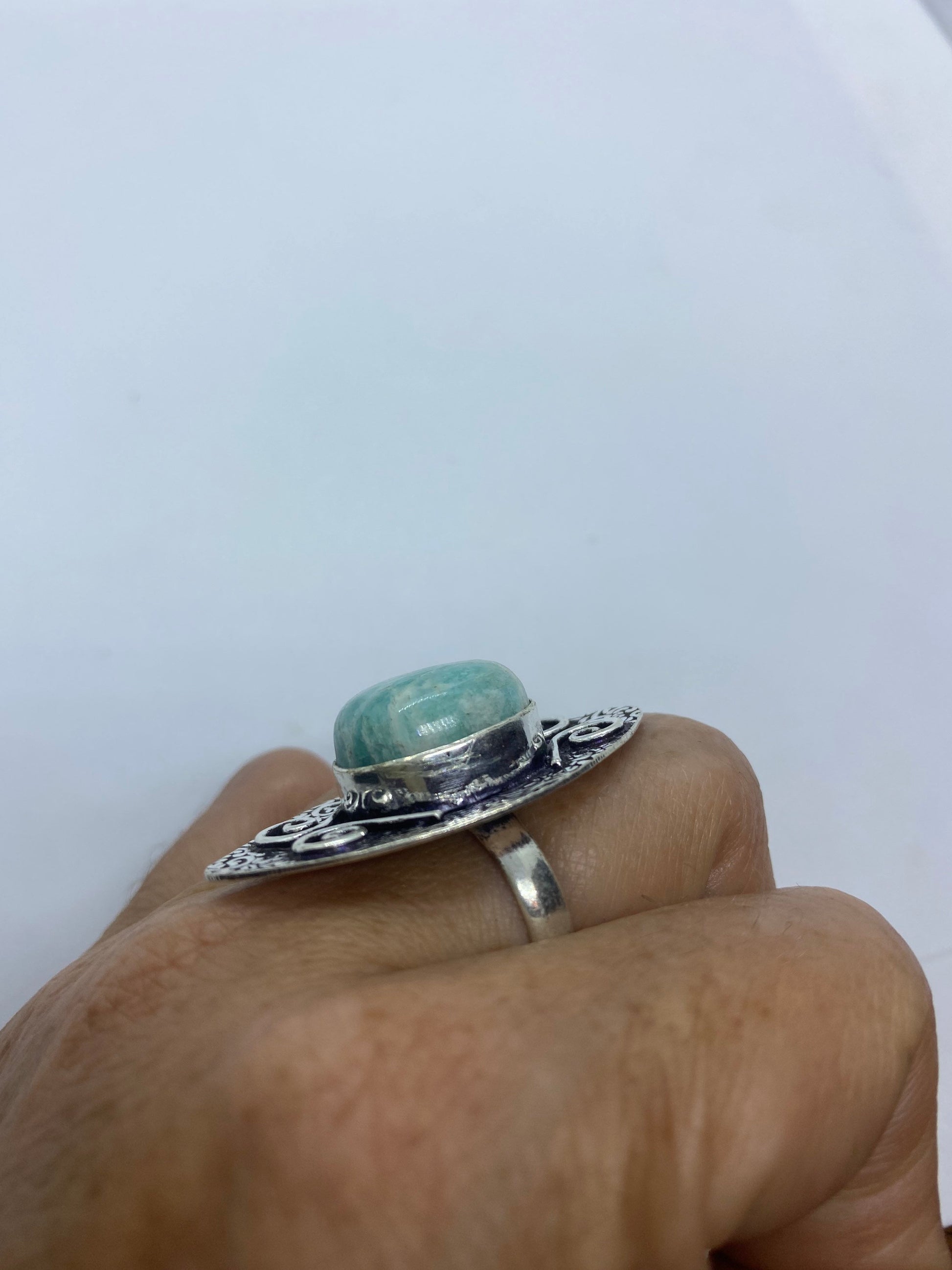 Vintage Green Amazonite Silver Ring Size 8