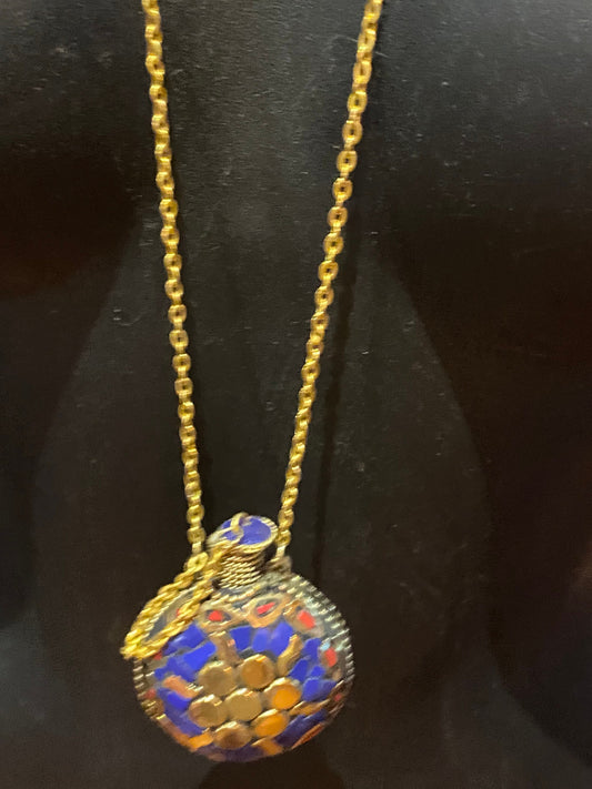 Vintage Perfume Oil Bottle mosaic Inlay Gemstone Pendant Necklace
