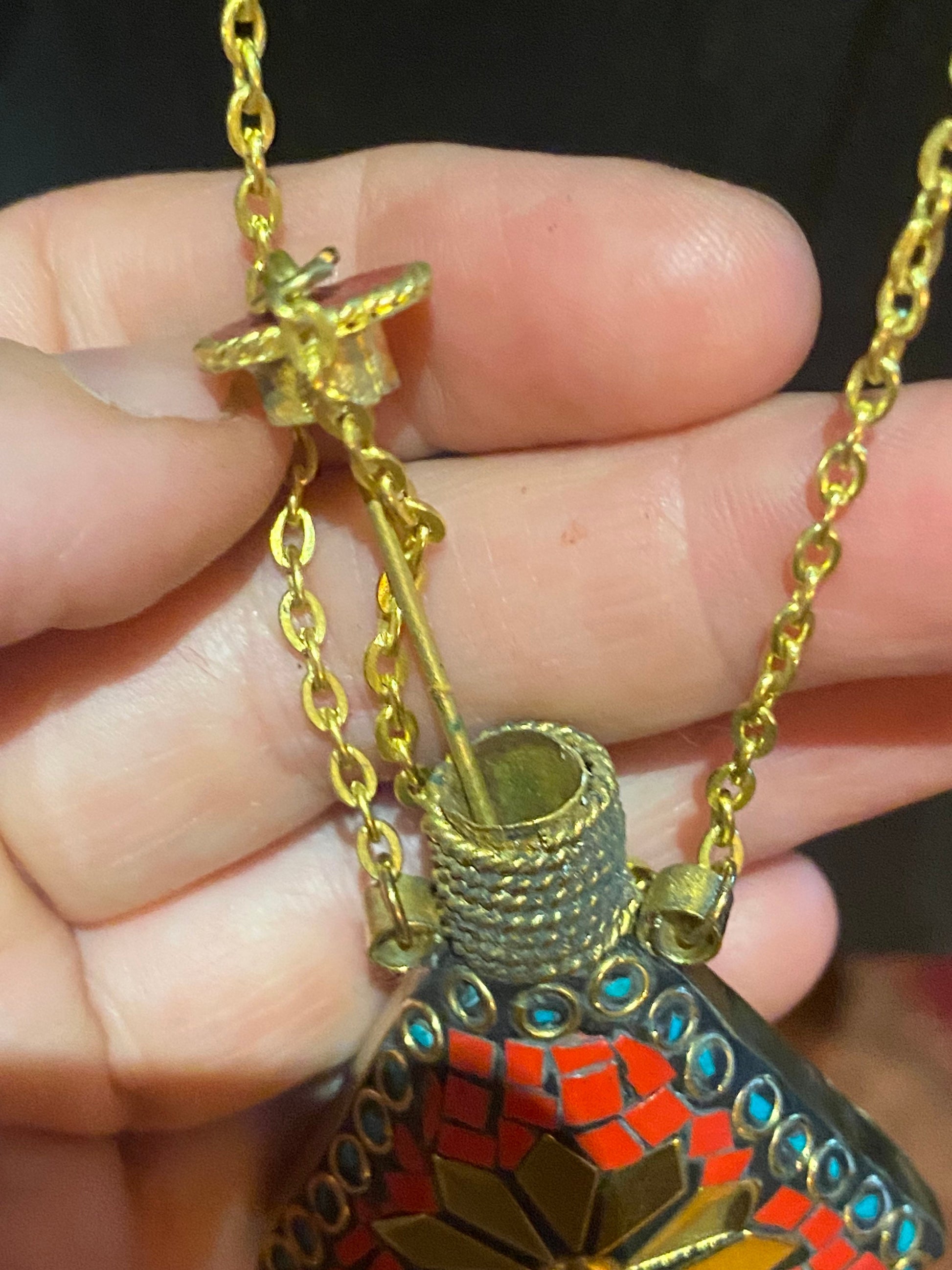 Vintage Perfume Oil Bottle mosaic Inlay Gemstone Pendant Necklace