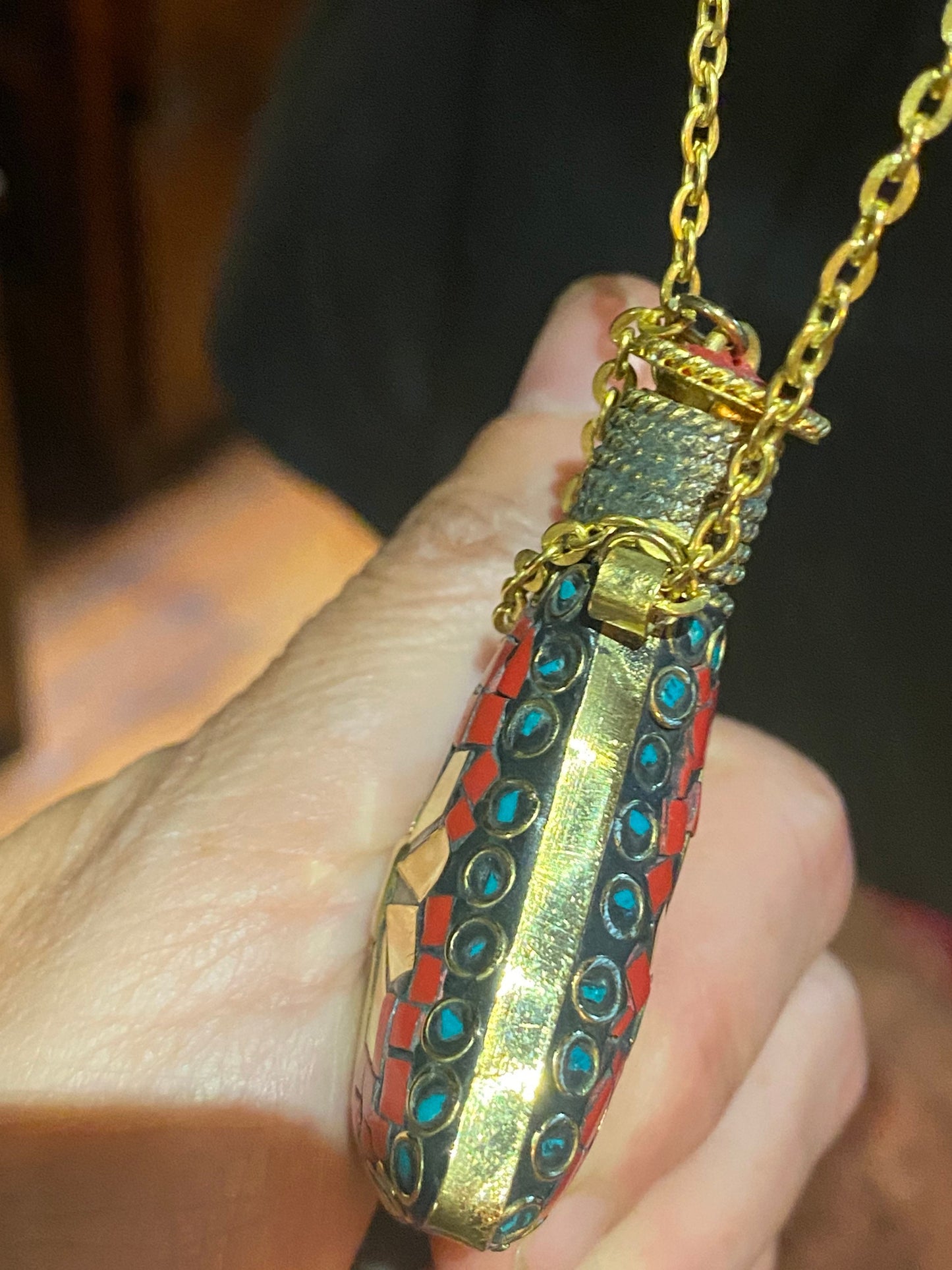 Vintage Perfume Oil Bottle mosaic Inlay Gemstone Pendant Necklace