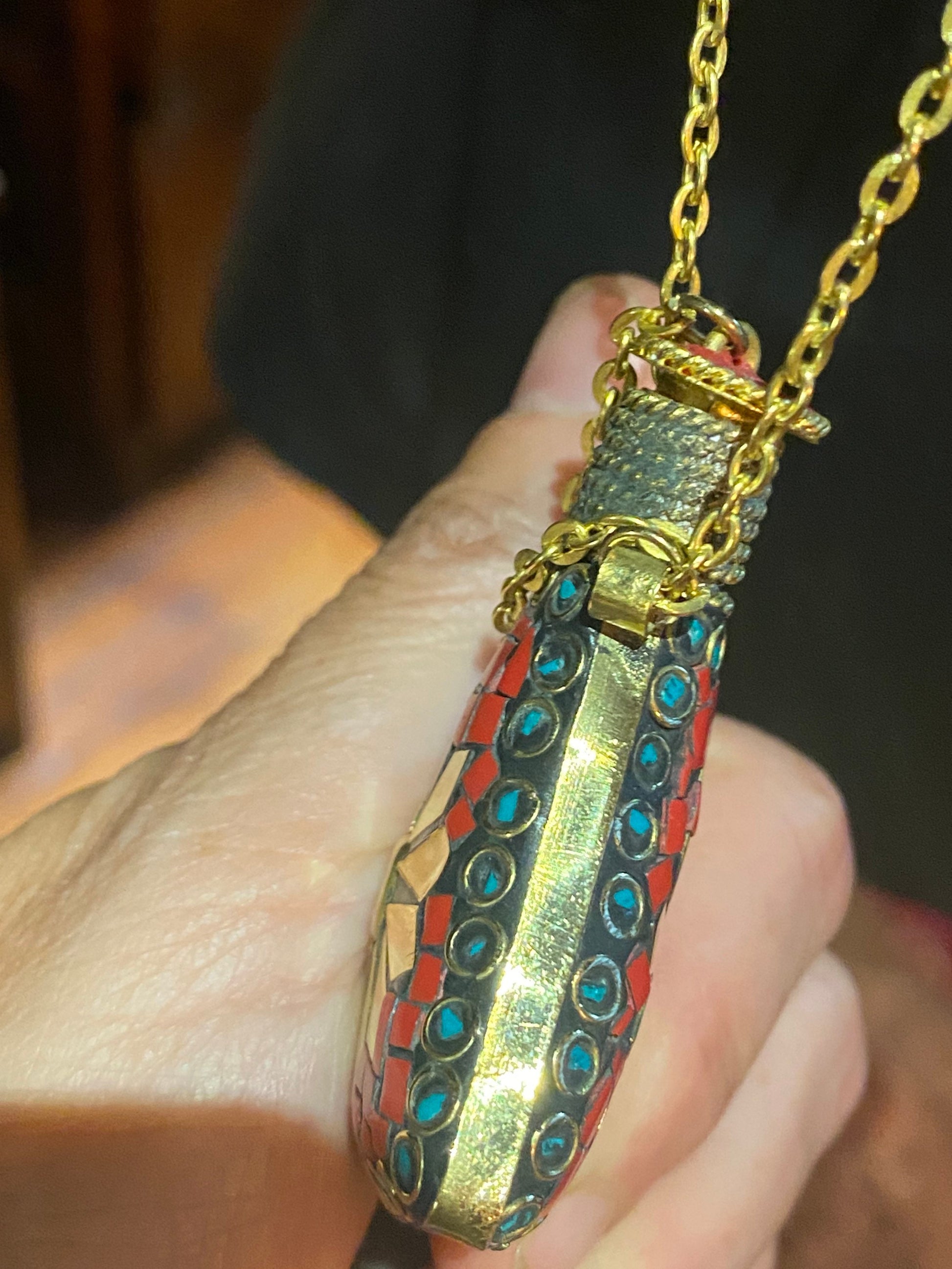 Vintage Perfume Oil Bottle mosaic Inlay Gemstone Pendant Necklace