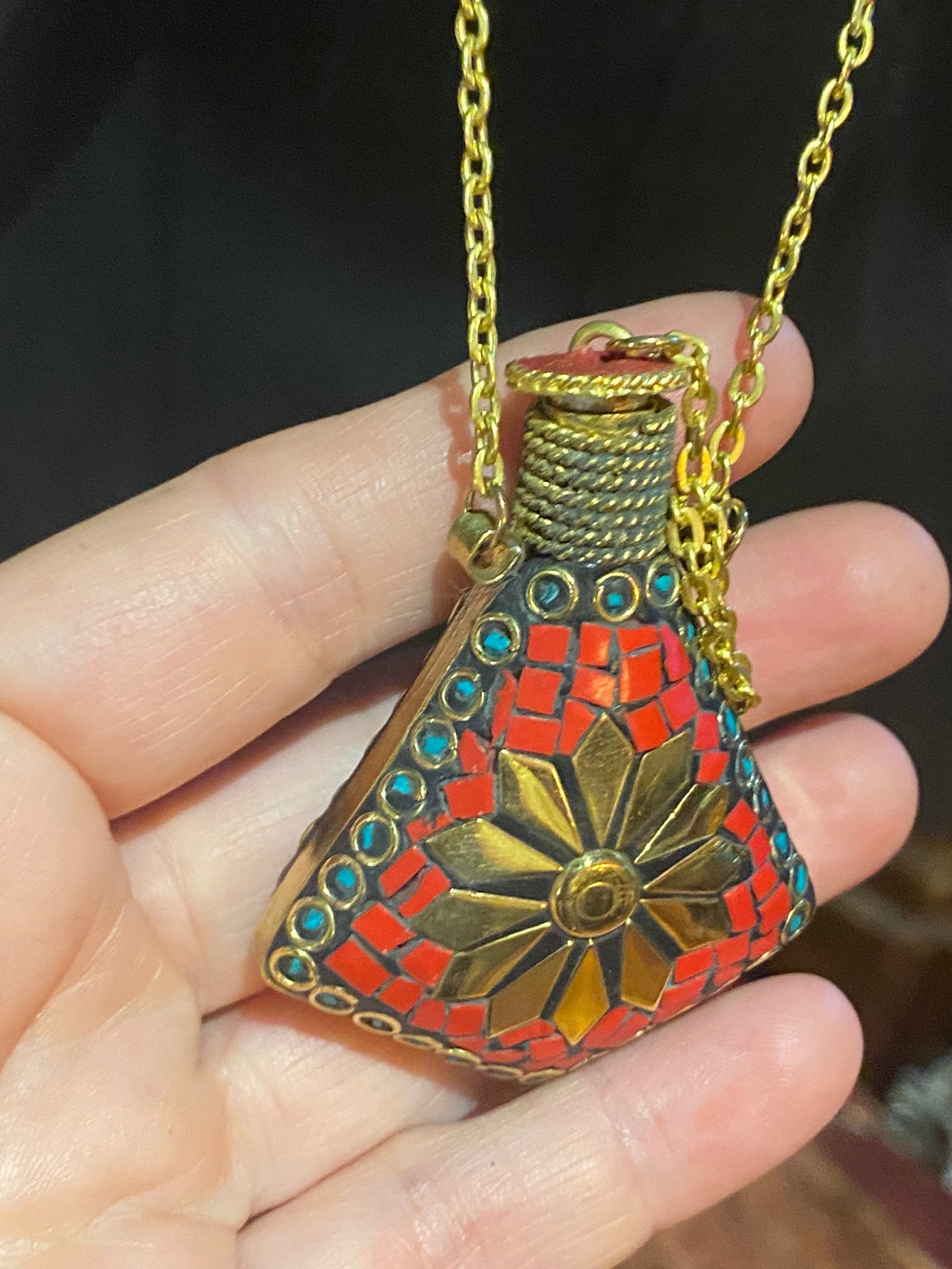 Vintage Perfume Oil Bottle mosaic Inlay Gemstone Pendant Necklace