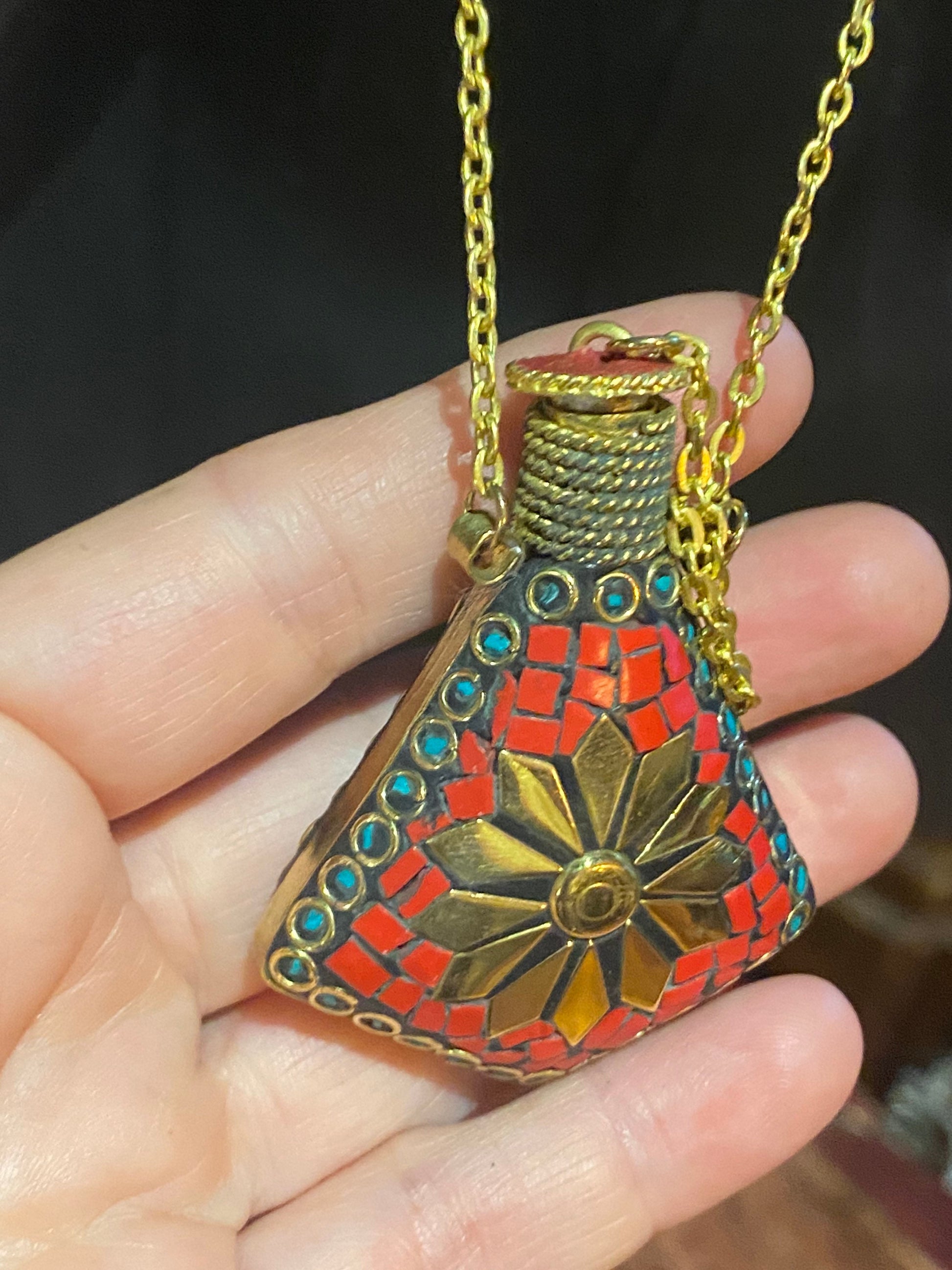 Vintage Perfume Oil Bottle mosaic Inlay Gemstone Pendant Necklace