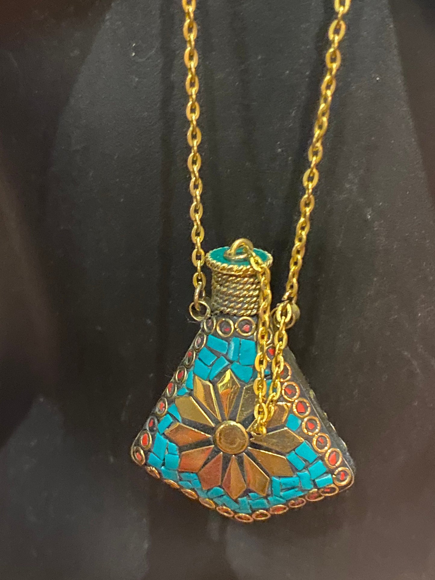 Vintage Perfume Oil Bottle mosaic Inlay Gemstone Pendant Necklace