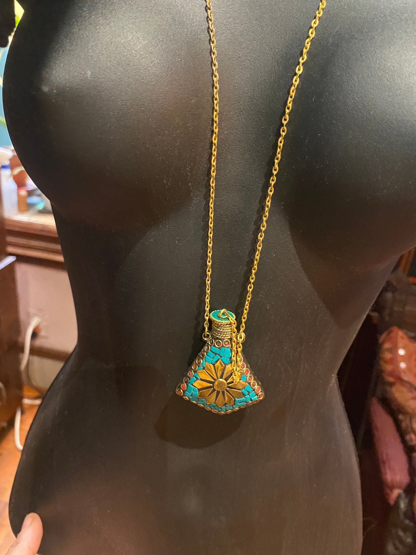 Vintage Perfume Oil Bottle mosaic Inlay Gemstone Pendant Necklace
