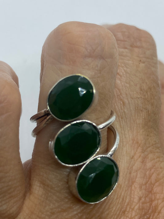 Vintage Green Emerald Chrysoprase White Bronze Silver Ring Adjustable