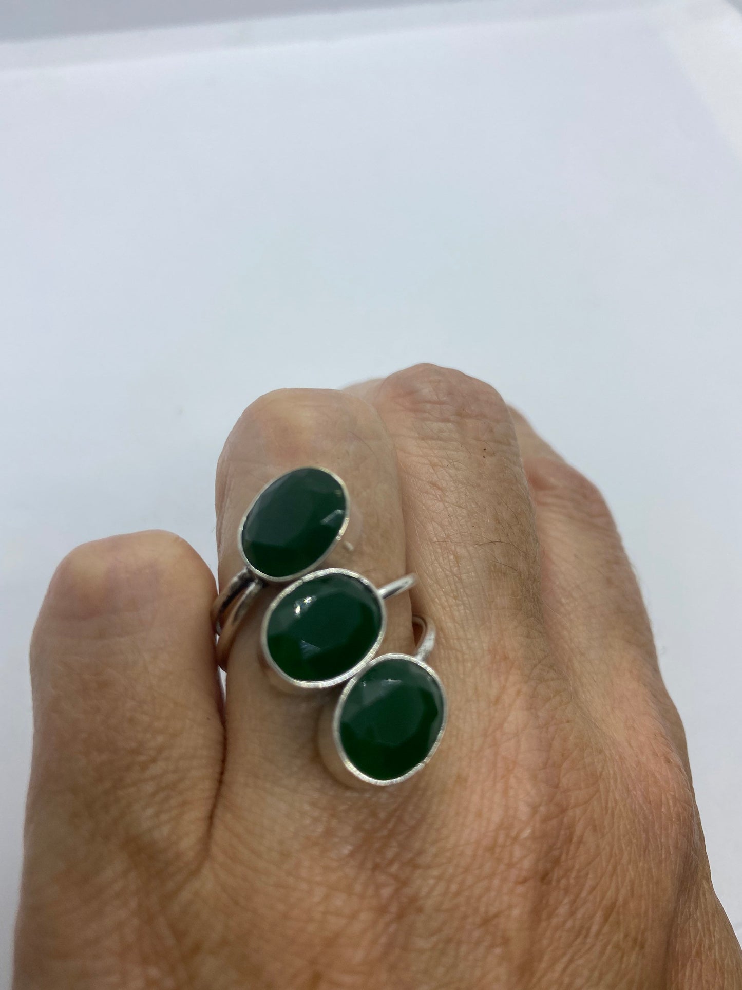 Vintage Green Emerald Chrysoprase White Bronze Silver Ring Adjustable