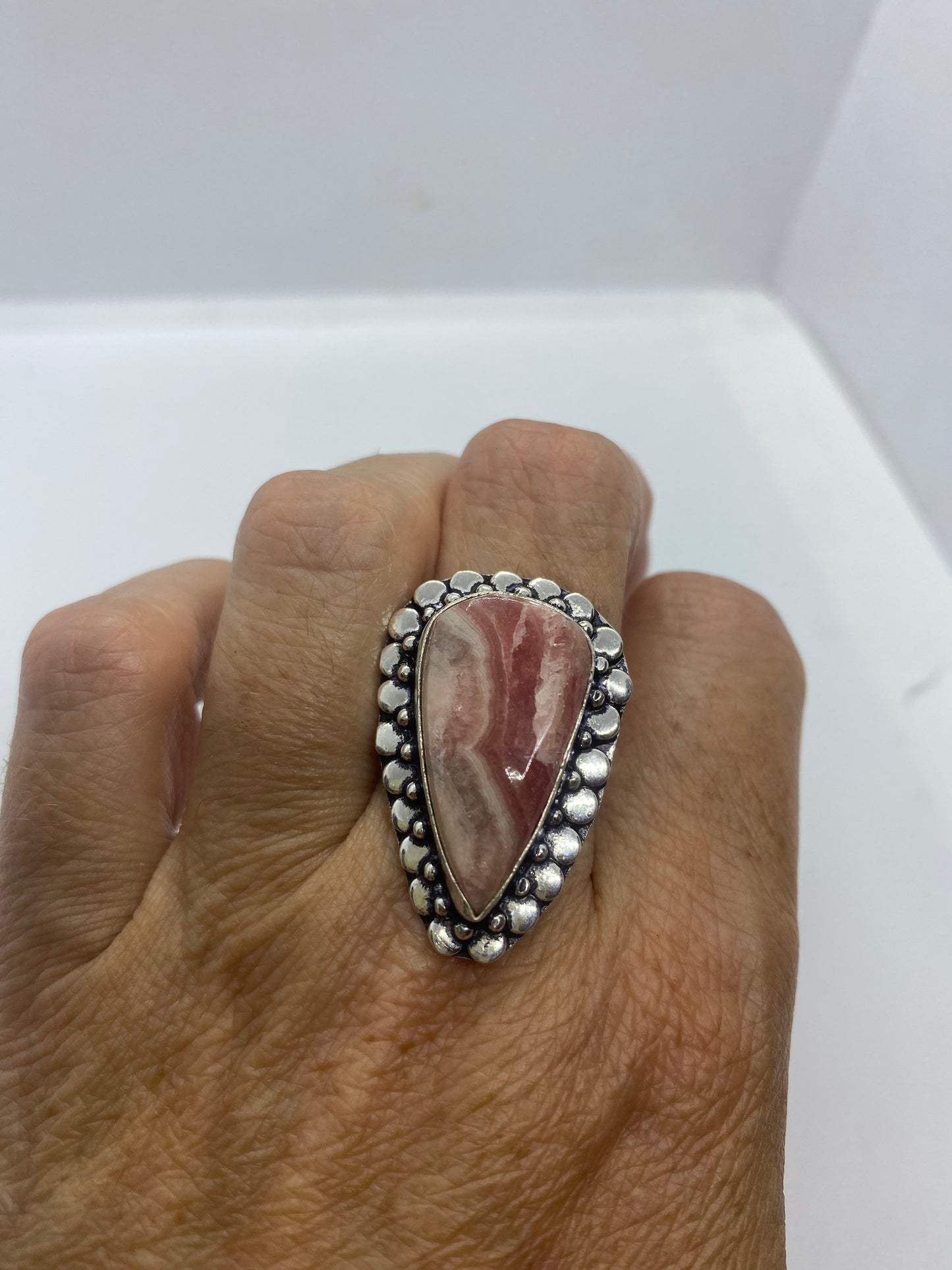 Vintage Pink Rhodocrocite Ring Silver Cocktail