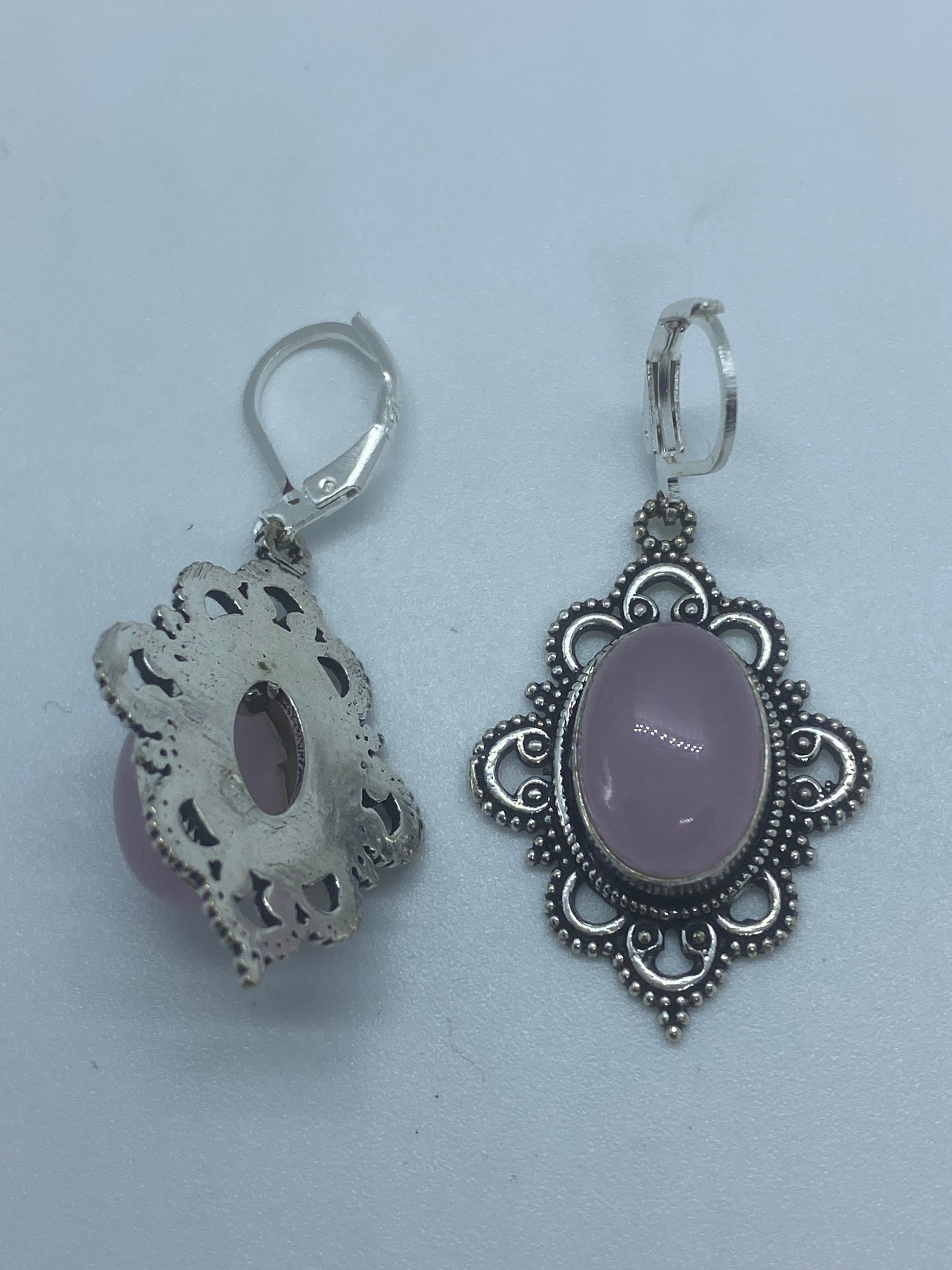 Vintage Genuine Rose Quartz Gemstone Filigree Sterling Silver Lever Back Dangle Earrings