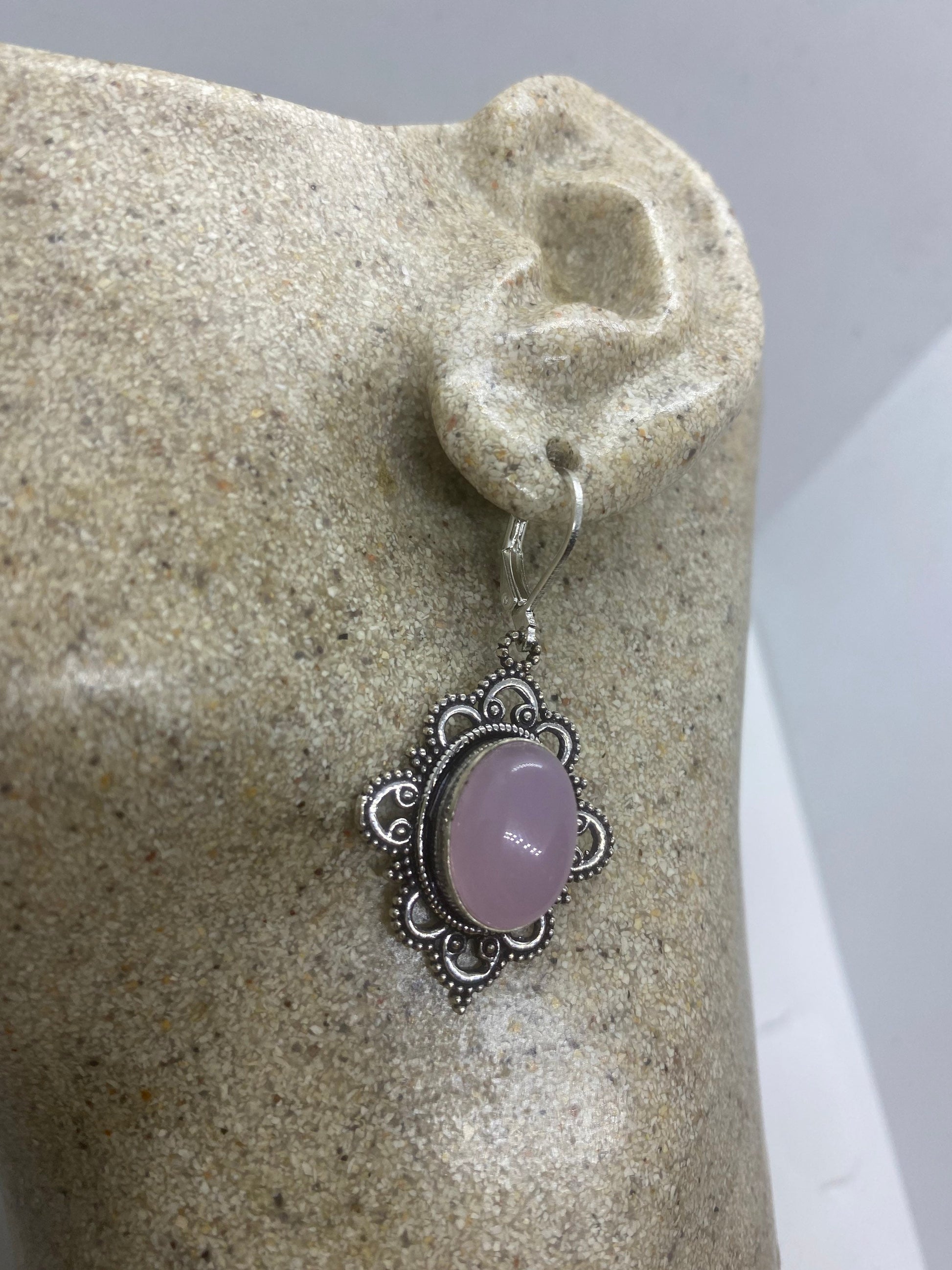 Vintage Genuine Rose Quartz Gemstone Filigree Sterling Silver Lever Back Dangle Earrings