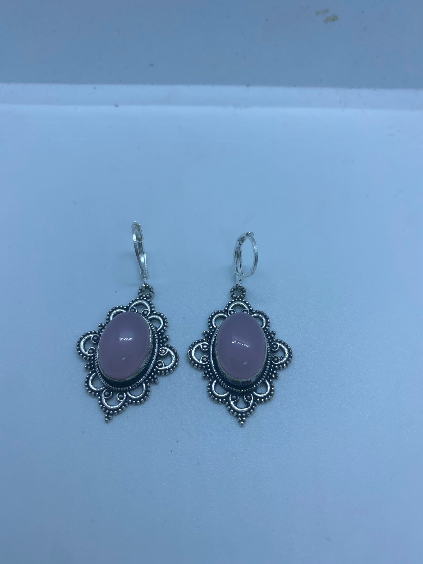 Vintage Genuine Rose Quartz Gemstone Filigree Sterling Silver Lever Back Dangle Earrings