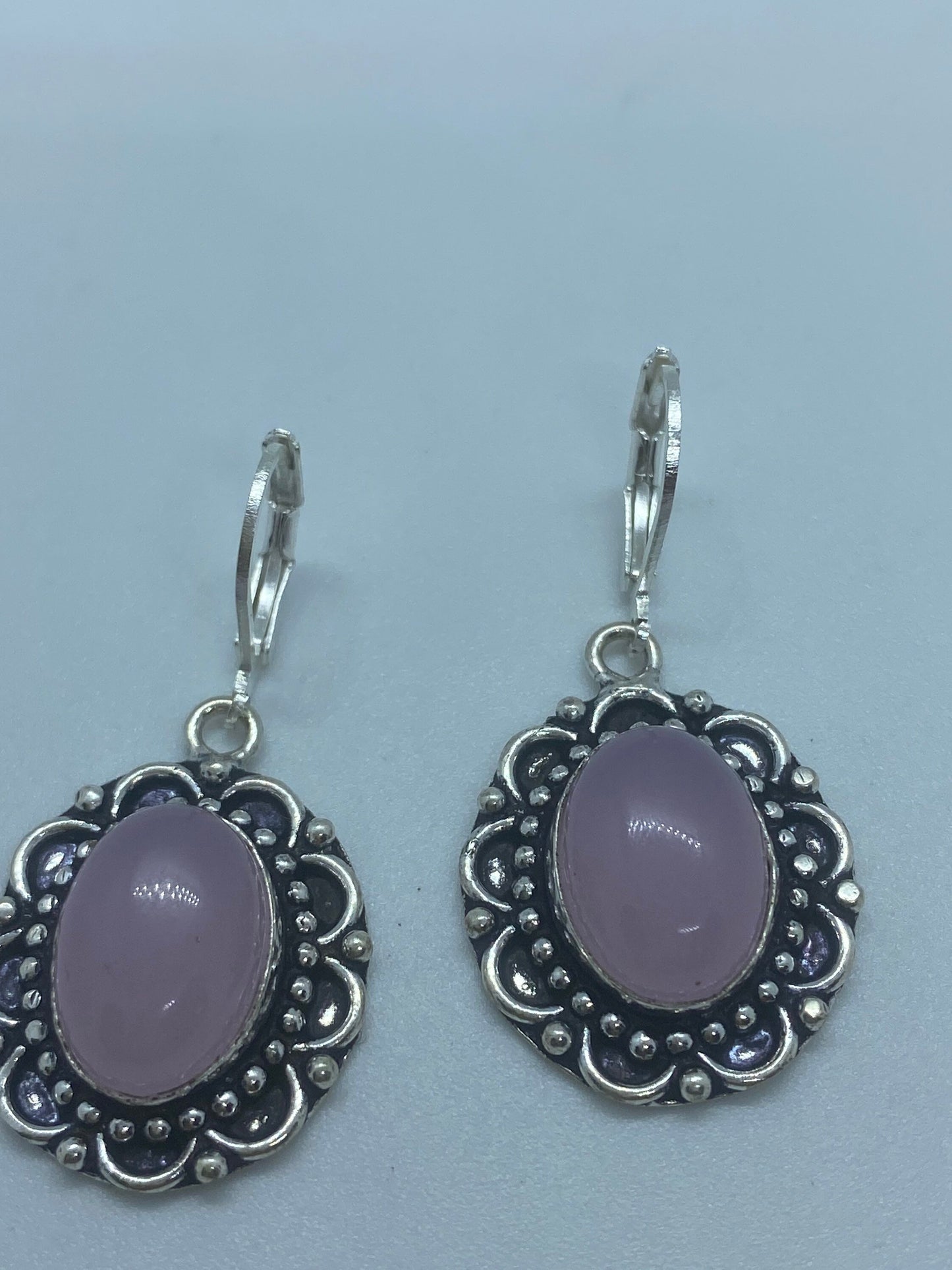 Vintage Genuine Rose Quartz Gemstone Filigree Sterling Silver Lever Back Dangle Earrings