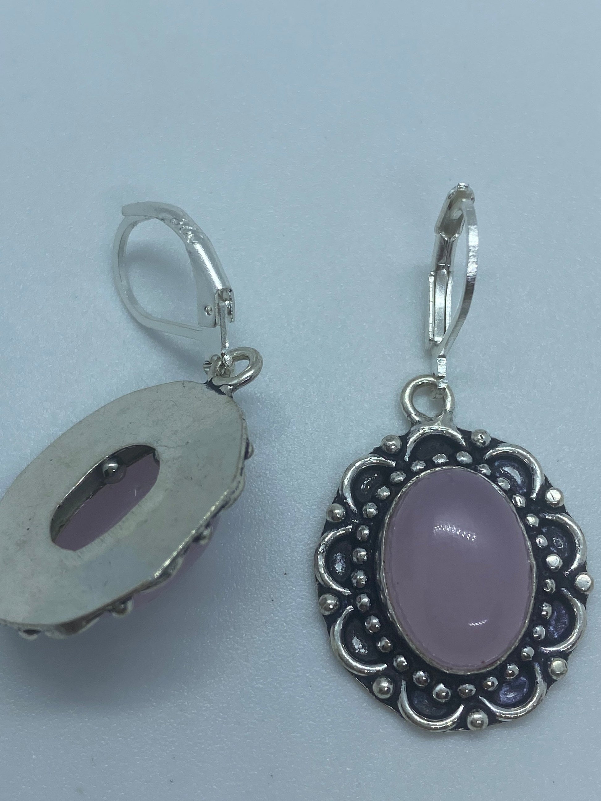 Vintage Genuine Rose Quartz Gemstone Filigree Sterling Silver Lever Back Dangle Earrings