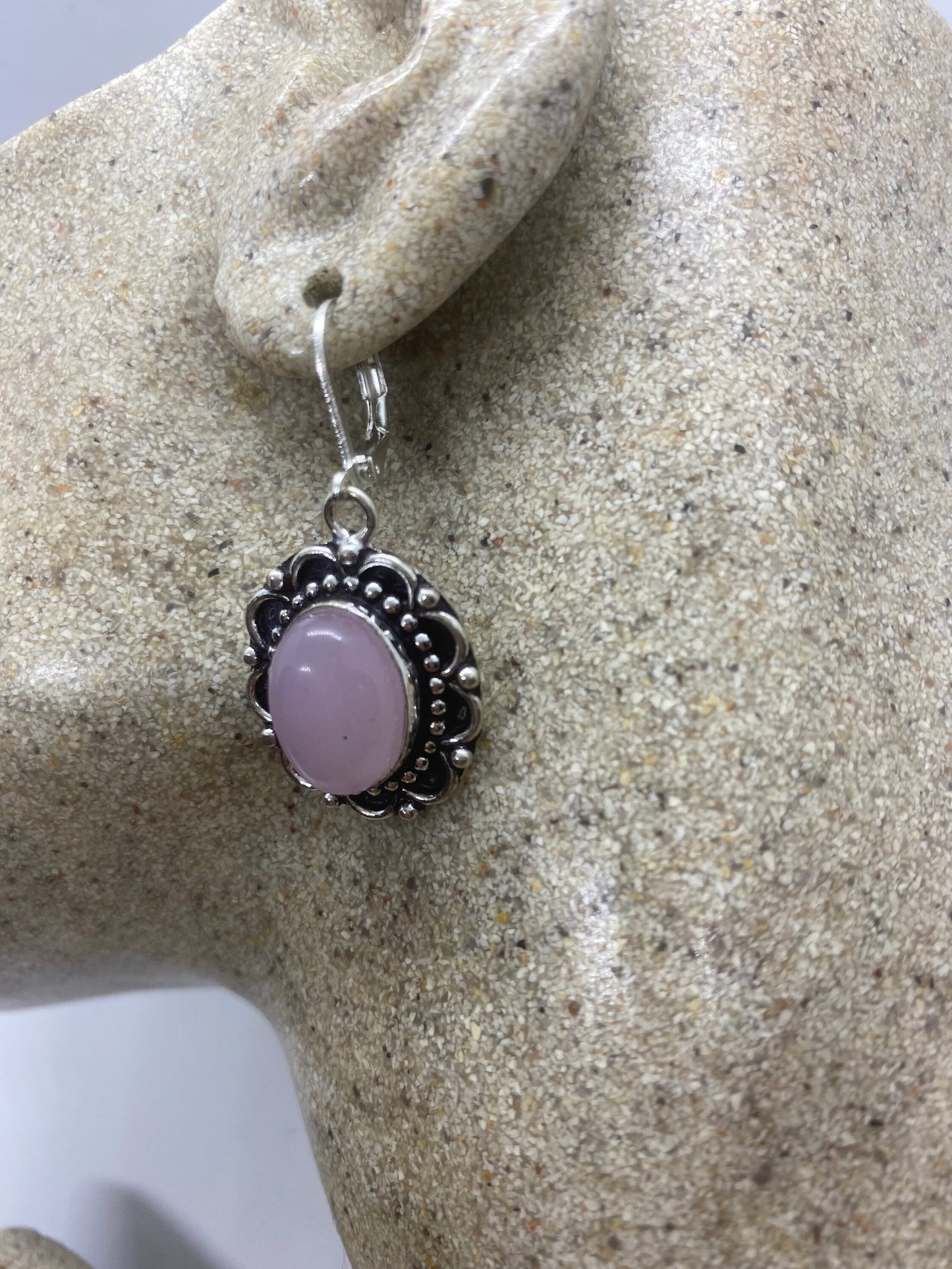 Vintage Genuine Rose Quartz Gemstone Filigree Sterling Silver Lever Back Dangle Earrings