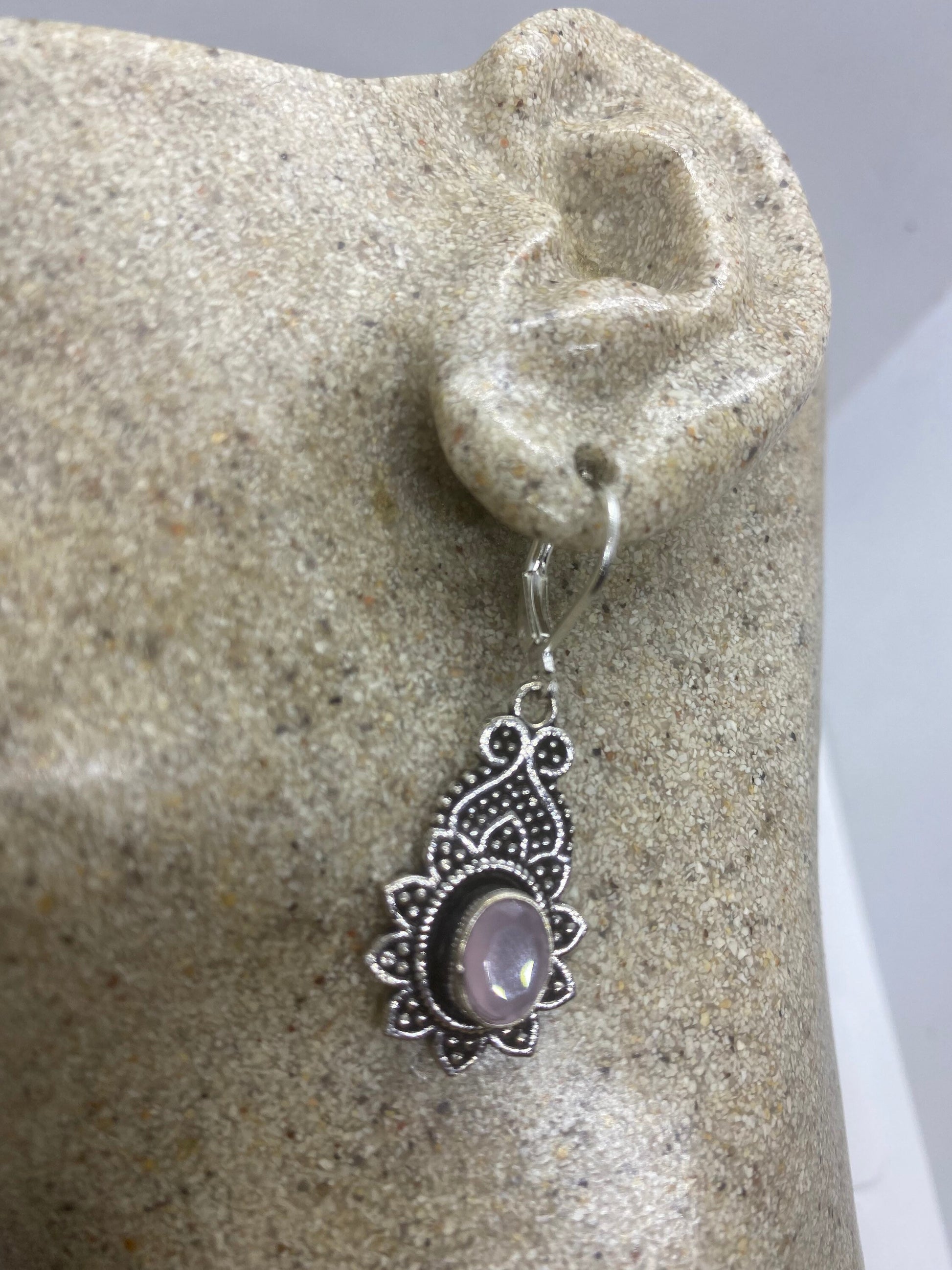 Vintage Genuine Rose Quartz Gemstone Filigree Sterling Silver Lever Back Dangle Earrings