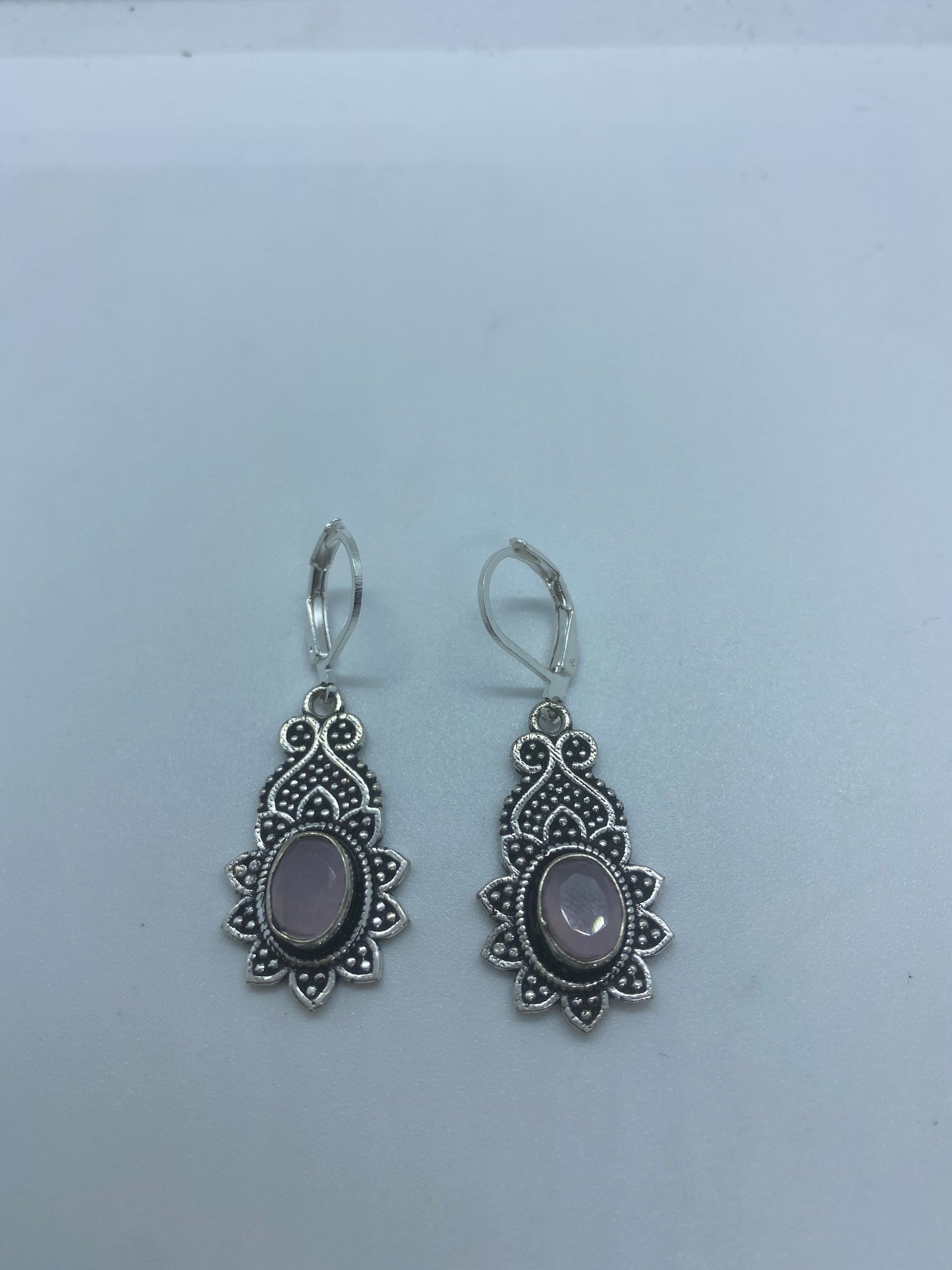 Vintage Genuine Rose Quartz Gemstone Filigree Sterling Silver Lever Back Dangle Earrings