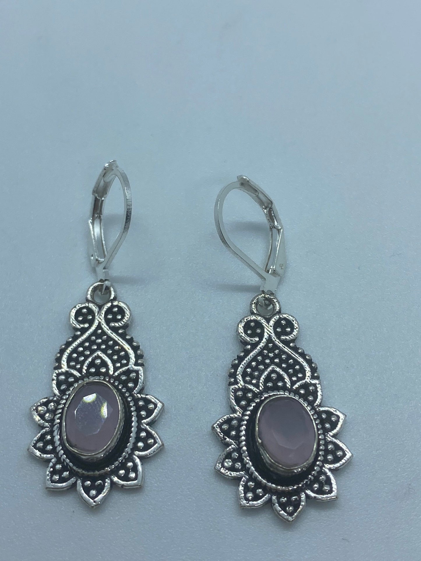 Vintage Genuine Rose Quartz Gemstone Filigree Sterling Silver Lever Back Dangle Earrings