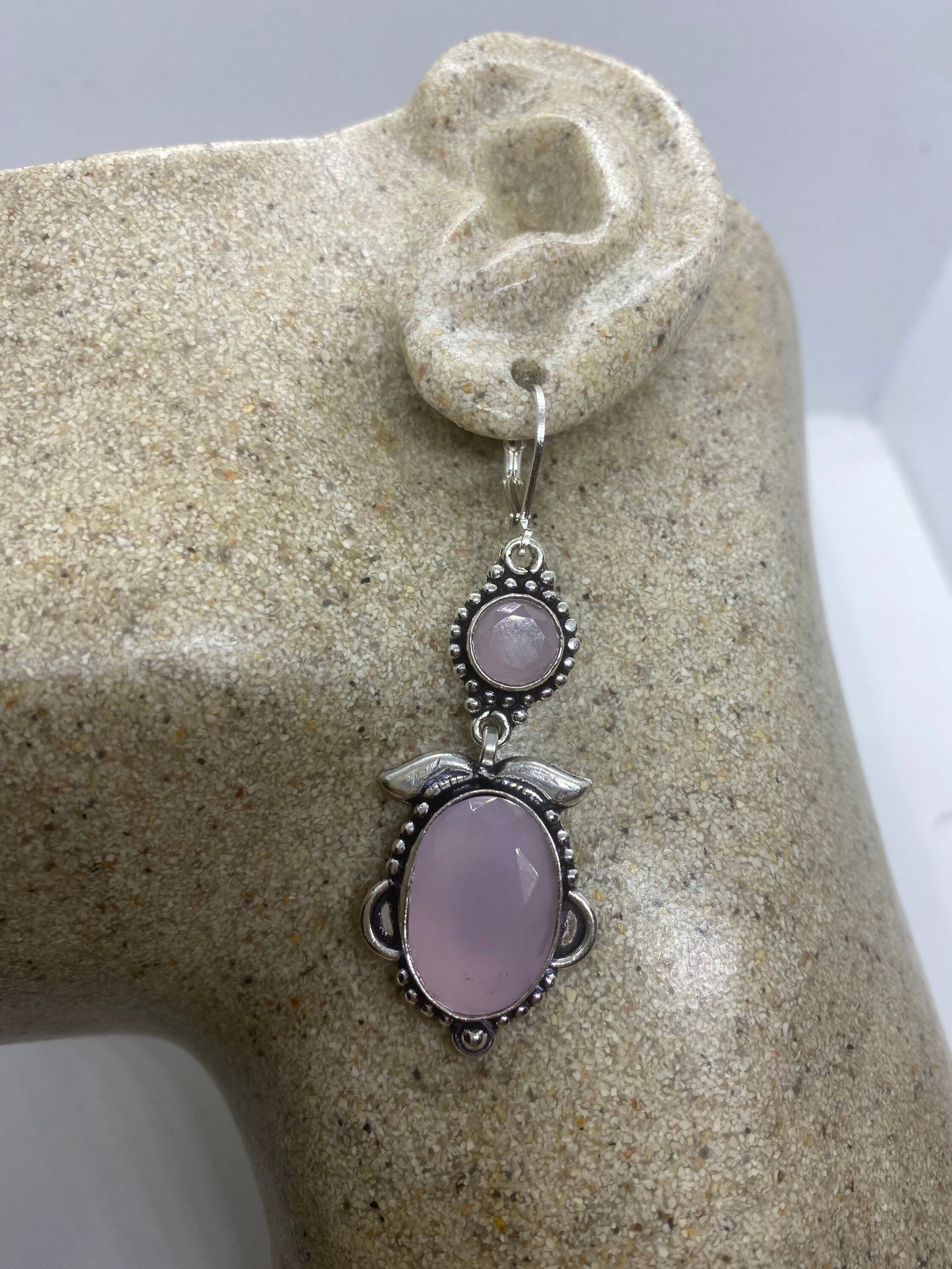 Vintage Genuine Rose Quartz Gemstone Filigree Sterling Silver Lever Back Dangle Earrings