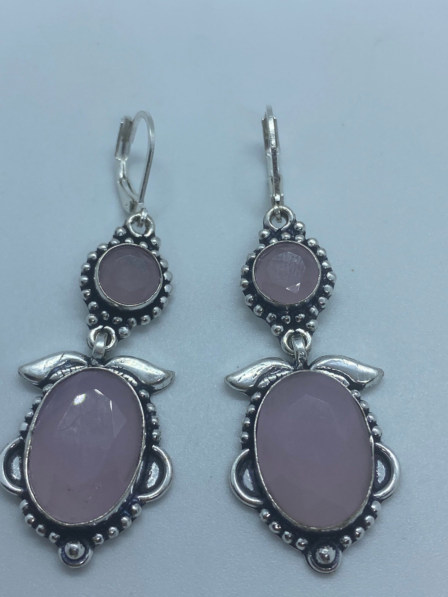 Vintage Genuine Rose Quartz Gemstone Filigree Sterling Silver Lever Back Dangle Earrings